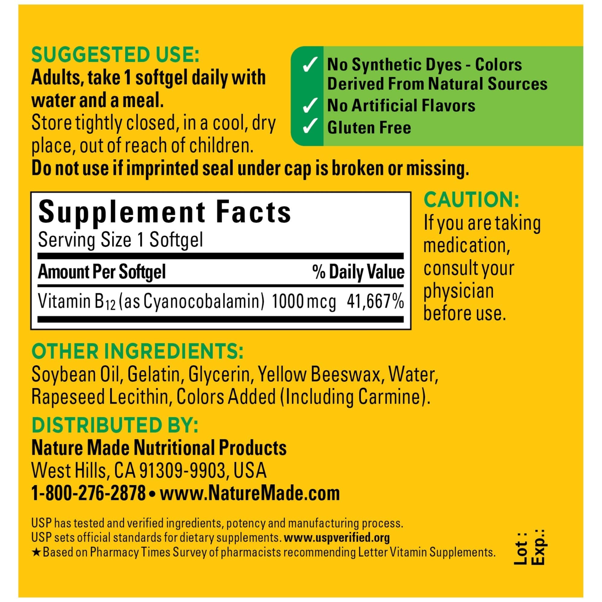 Nature Made B12 1000mcg emballage pratique, dosage clair et prêt à l'emploi.