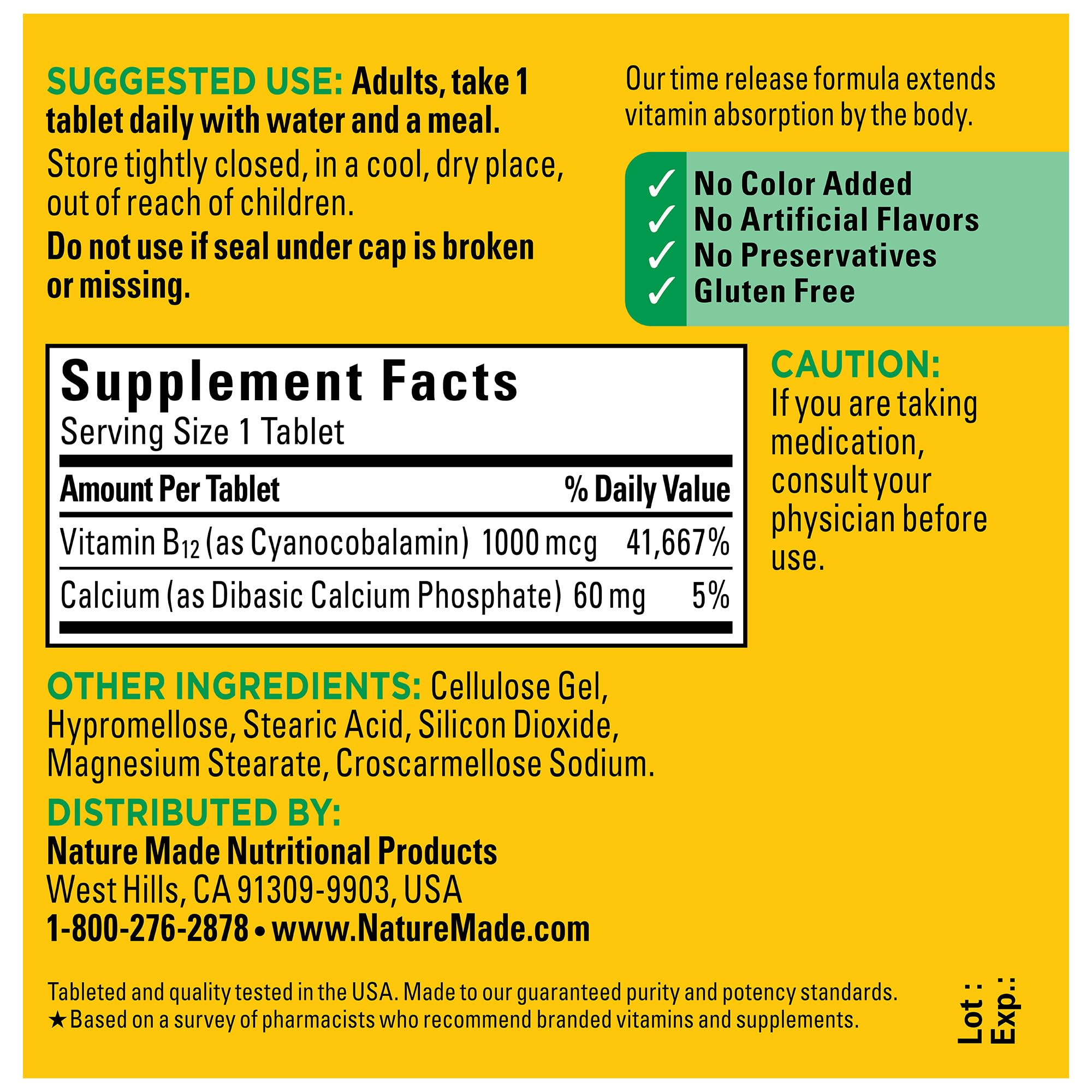 Nature Made B12 1000 mcg emballage sans colorants