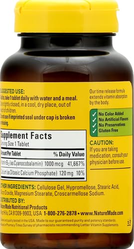 Nature Made B12 1000 mcg - comprimés sans colorants ni arômes artificiels.
