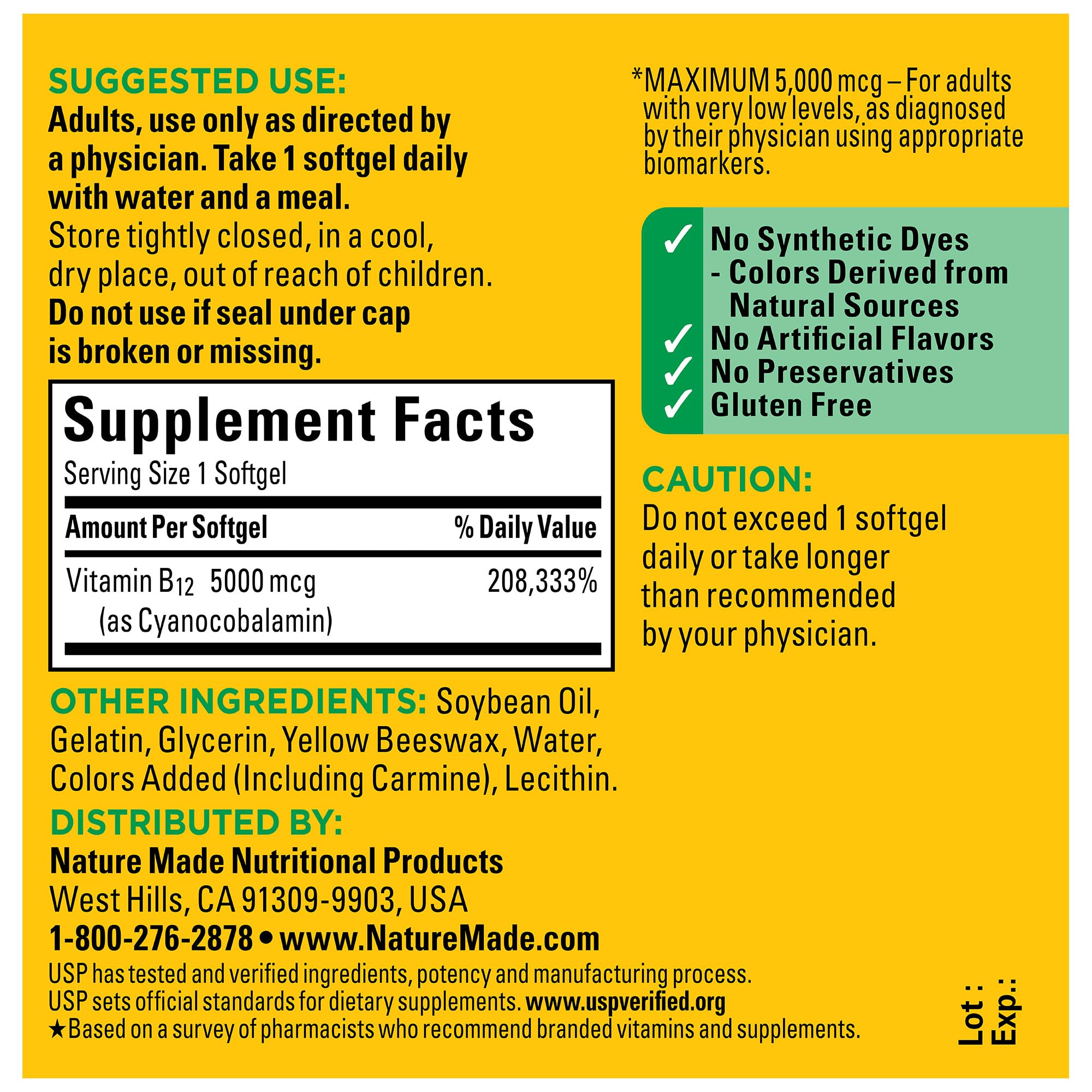 Nature Made B12 5000 mcg — sans colorants artificiels et conservateurs