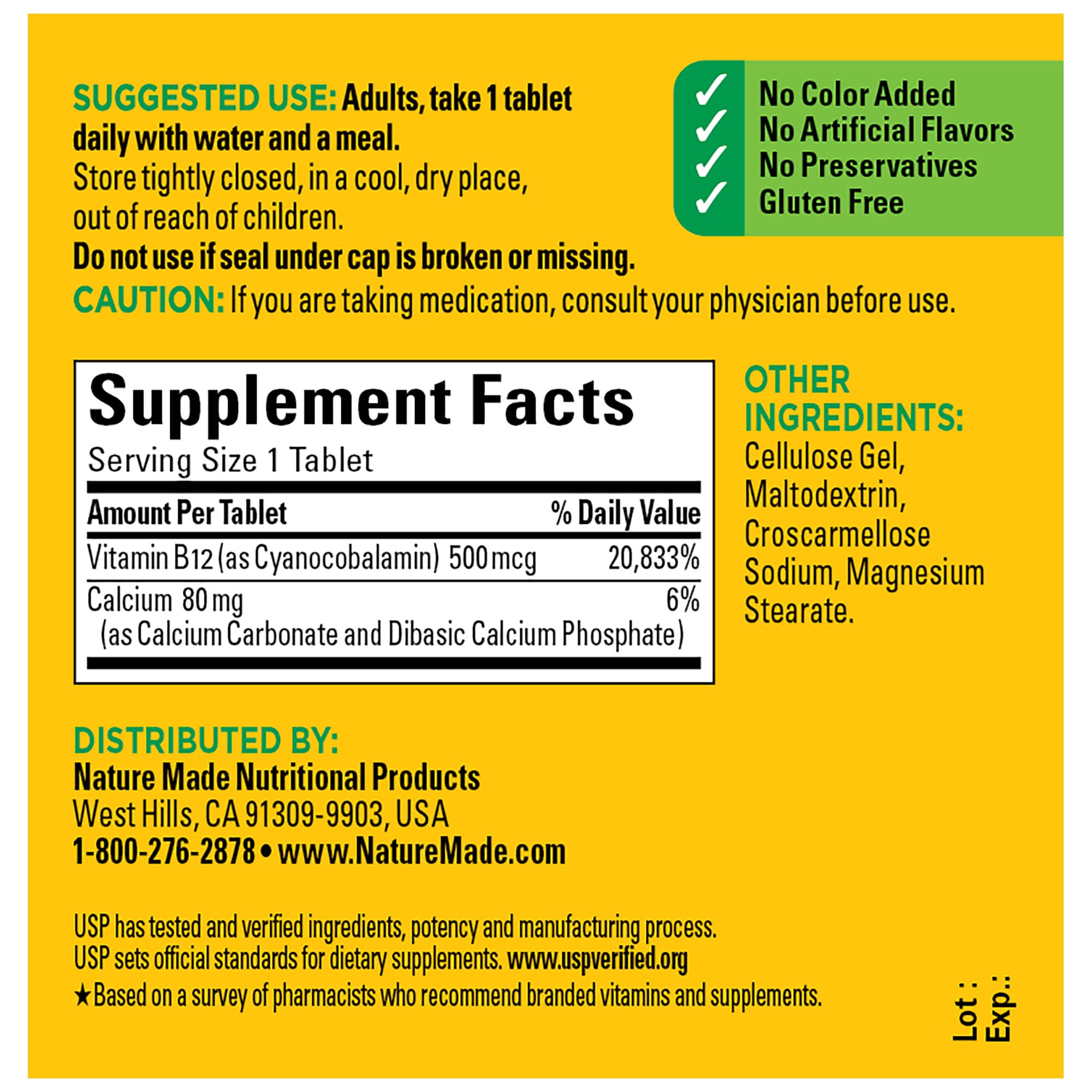 USP vérifié Nature Made B12 500 mcg, garantie de qualité