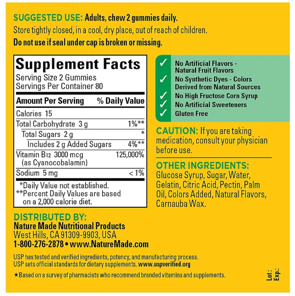 Étiquette USP vérifiée sur Nature Made B12 Gummies pour fiabilité produit.