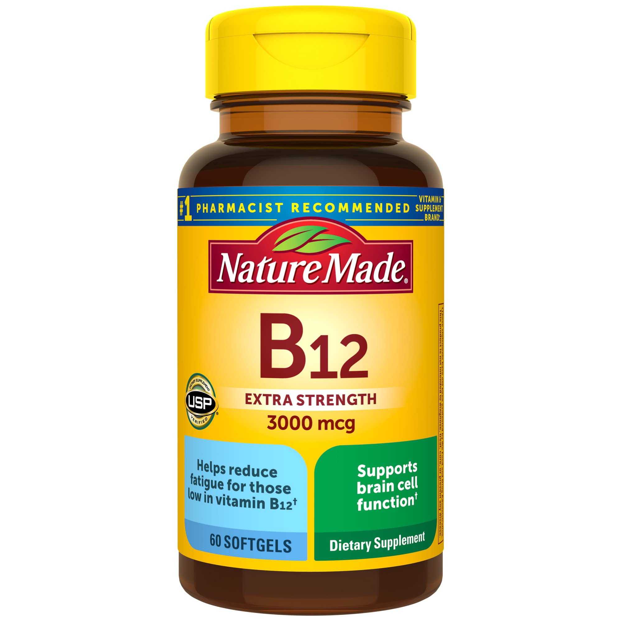 Nature Made B12 haute-concentration 3000mcg, soutient énergie et métabolisme des nutriments.