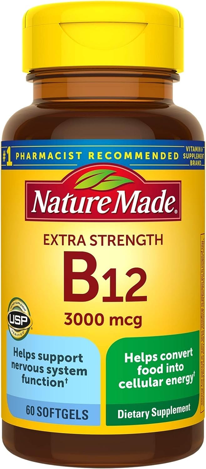 Nature Made B12 gélules molles 3000 mcg dans une bouteille, énergie quotidienne.