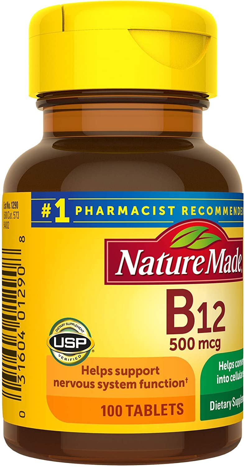 Nature Made B12, étiquette produit, informations claires pour l'utilisation quotidienne.