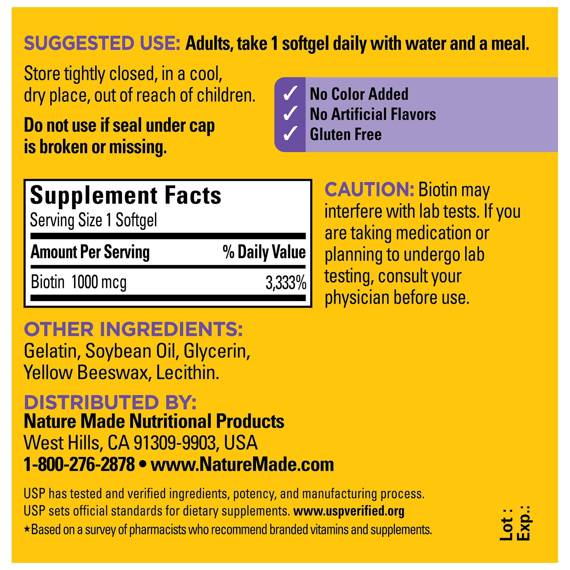 Nature Made Biotine 1000 mcg, ingrédients sans gluten et sans colorants artificiels