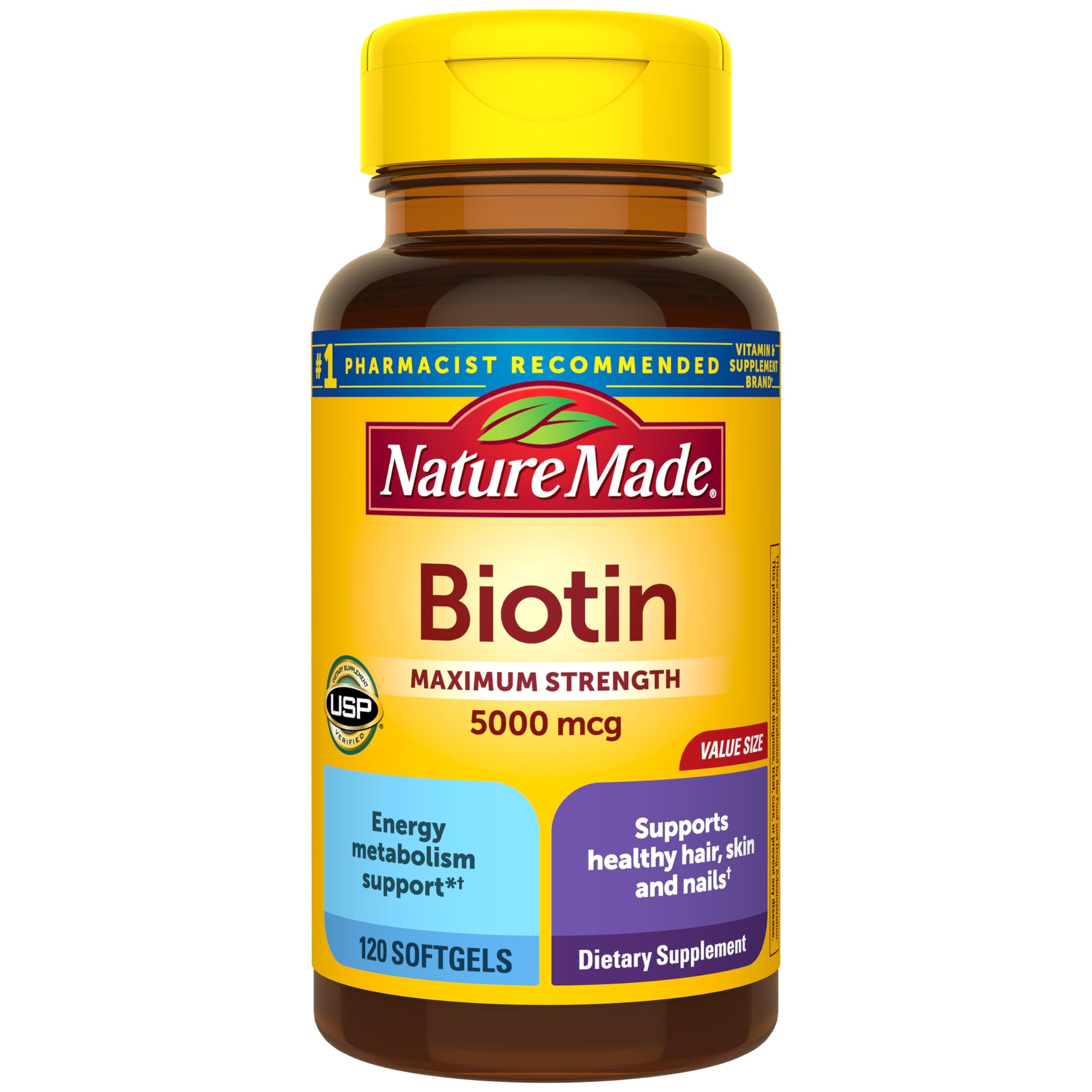 Nature Made Biotine 5000 mcg – bouteille de gélules, soutien cheveux et ongles.