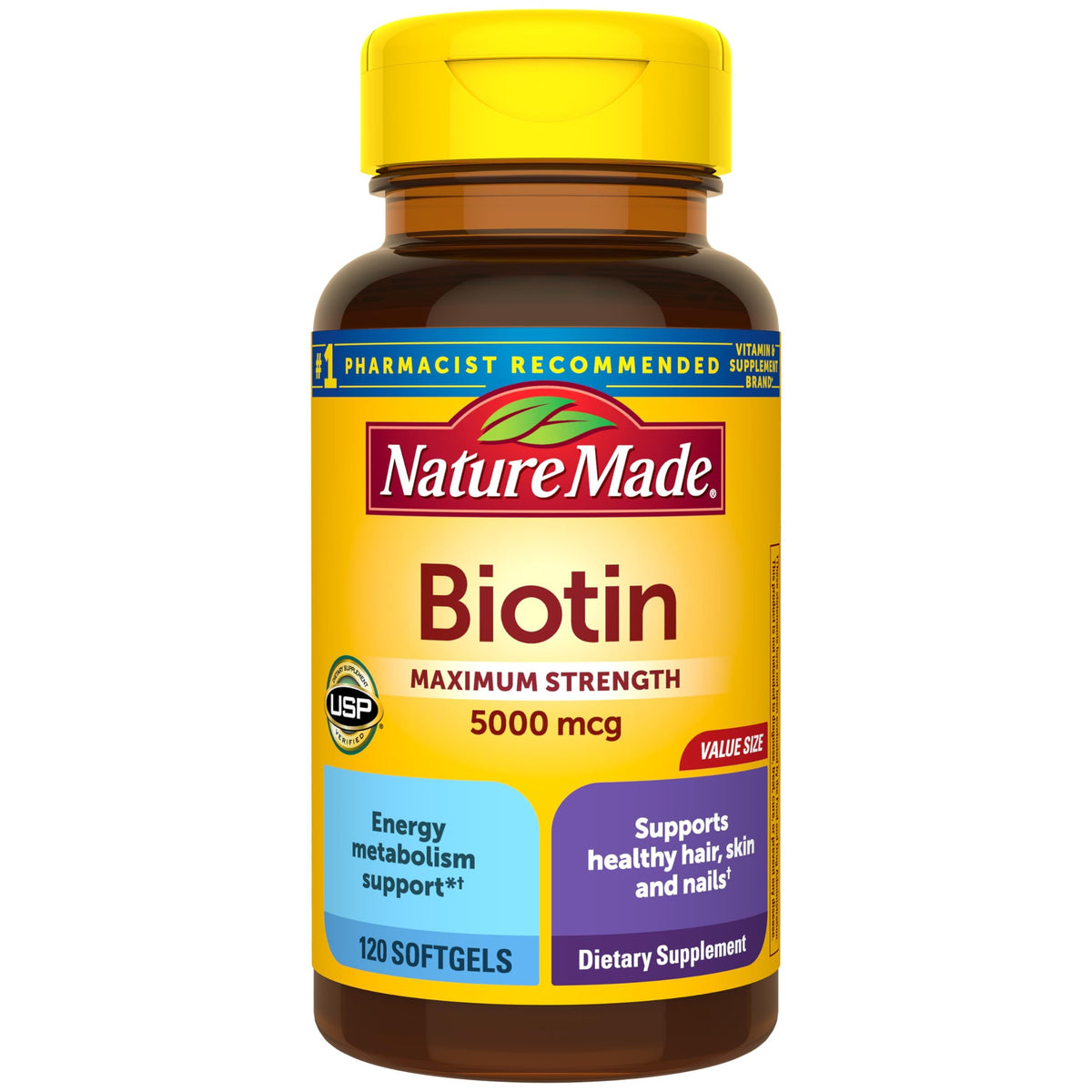 Nature Made Biotine 5000 mcg – bouteille de gélules, soutien cheveux et ongles.
