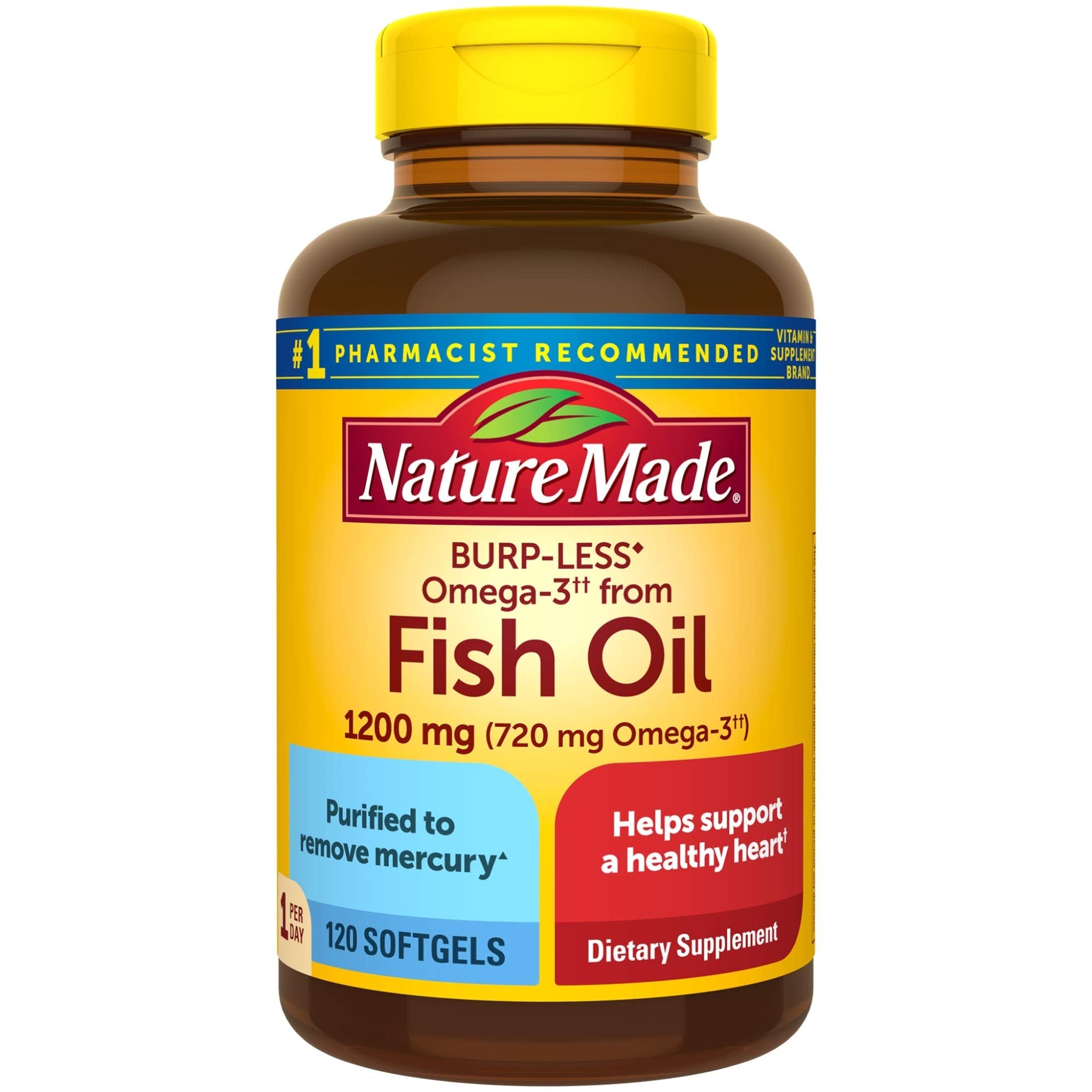 Nature Made Burp-Less, bouteille de softgels; prise quotidienne simple et discrète.