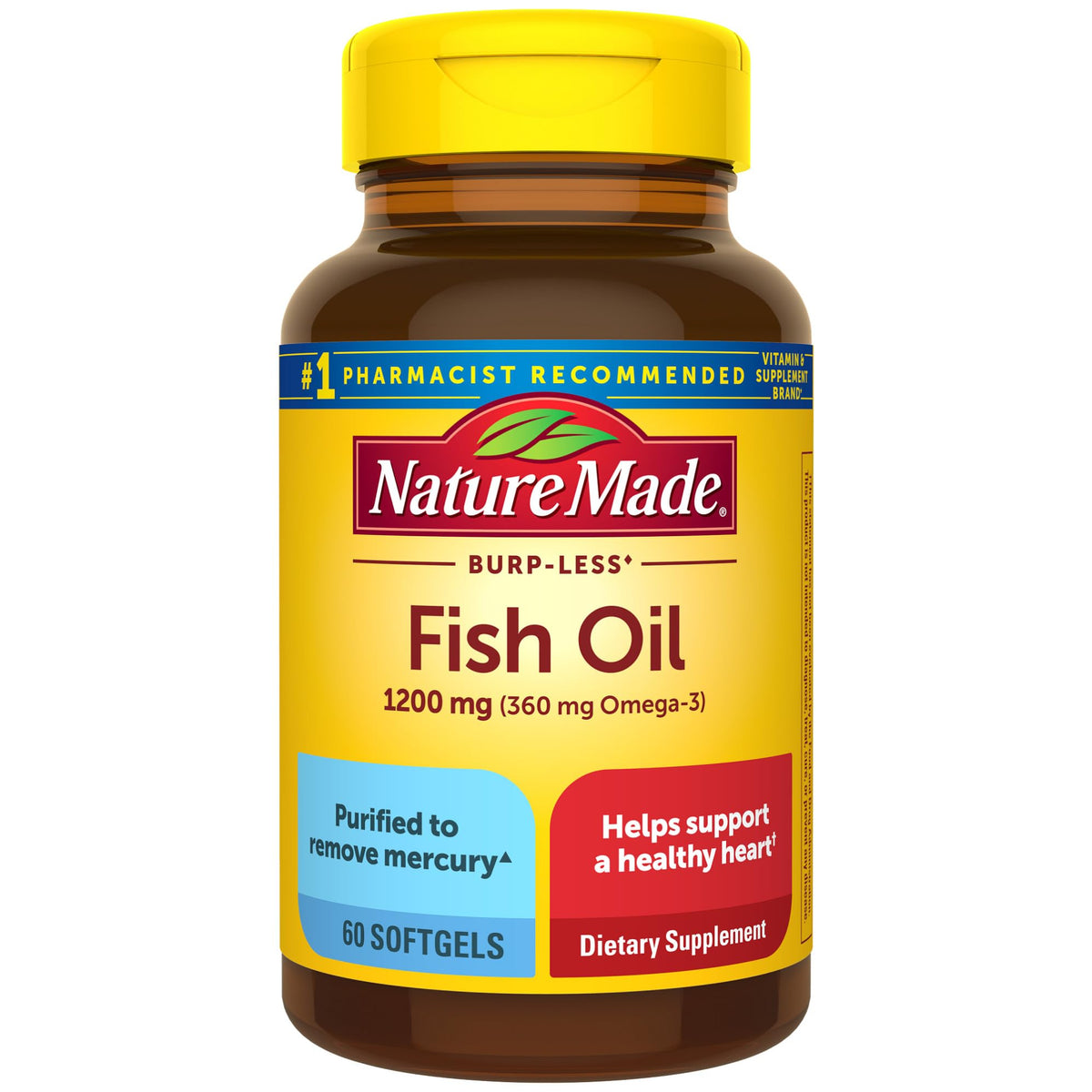 Nature Made Burp Less Huile Poisson Omega-3, capsules faciles à avaler pour l'apport quotidien.