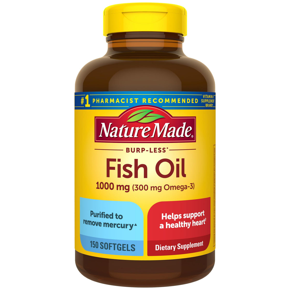Nature Made Burp Less Poisson Omega-3 1000 mg : bouteille prête à l'emploi pour une utilisation quotidienne.