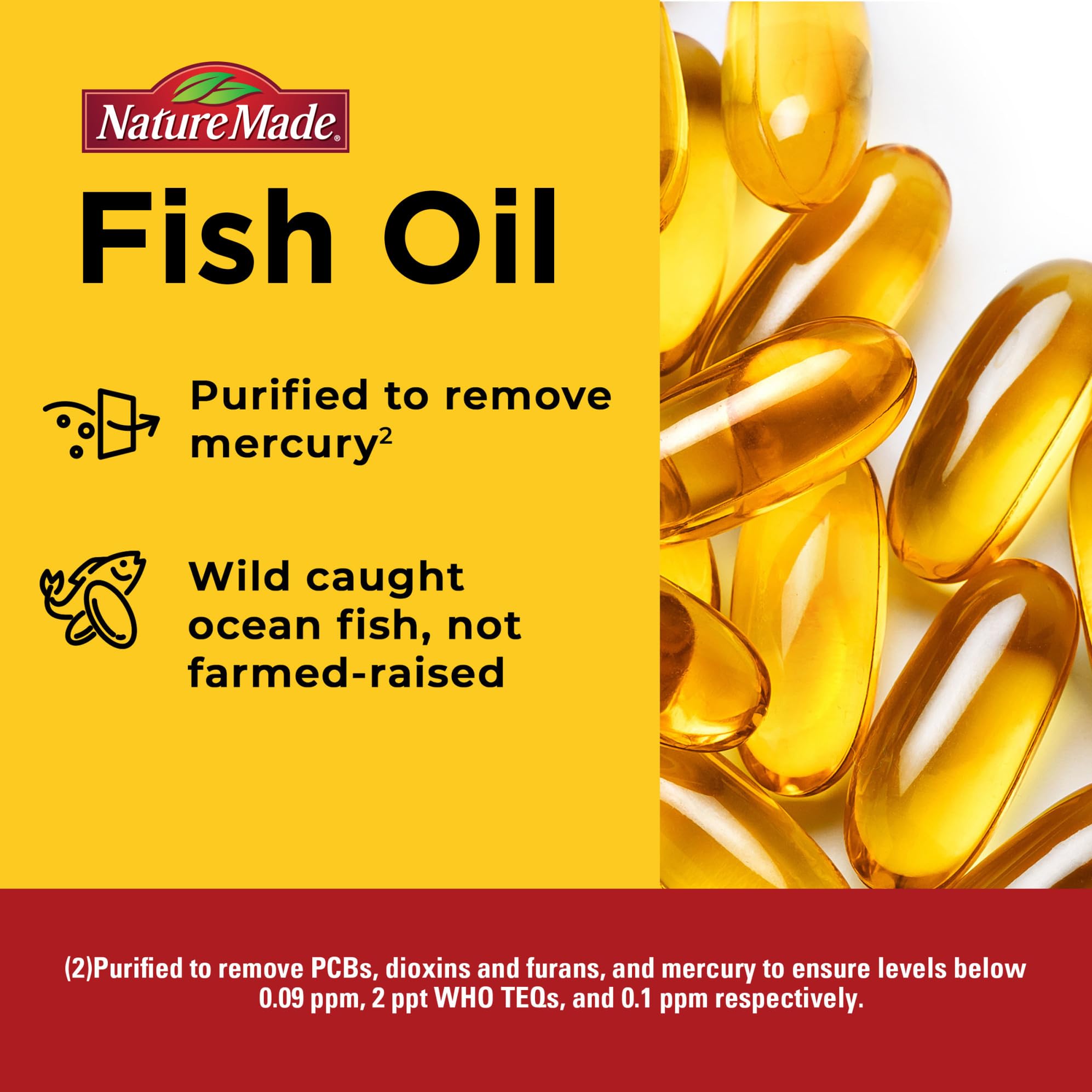 Nature Made Burp Less Poisson Omega-3, dosage recommandé pour deux gélules par jour.