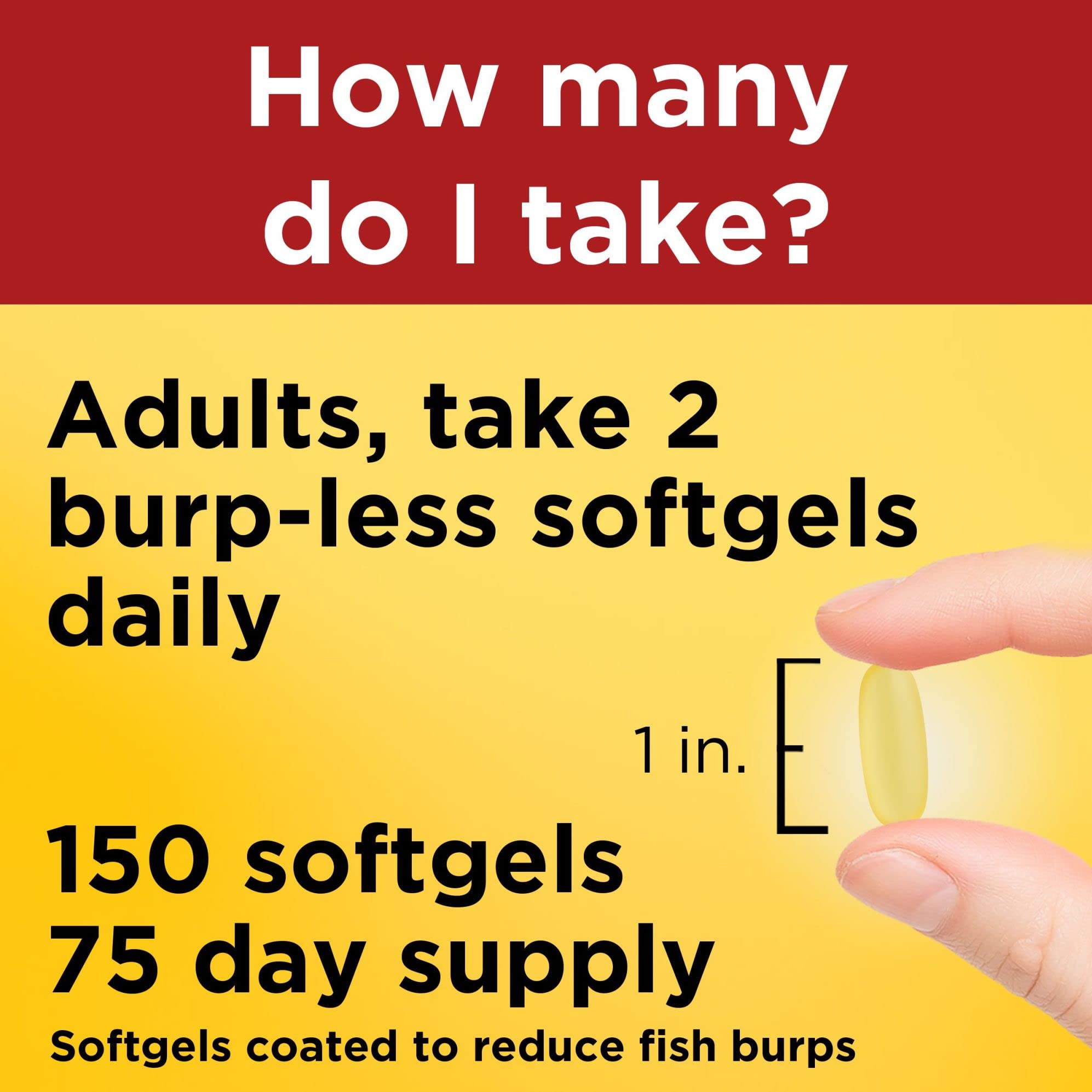 Nature Made Burp Less Poisson Omega-3, sans gluten ni lait, formulation pure et adaptée.