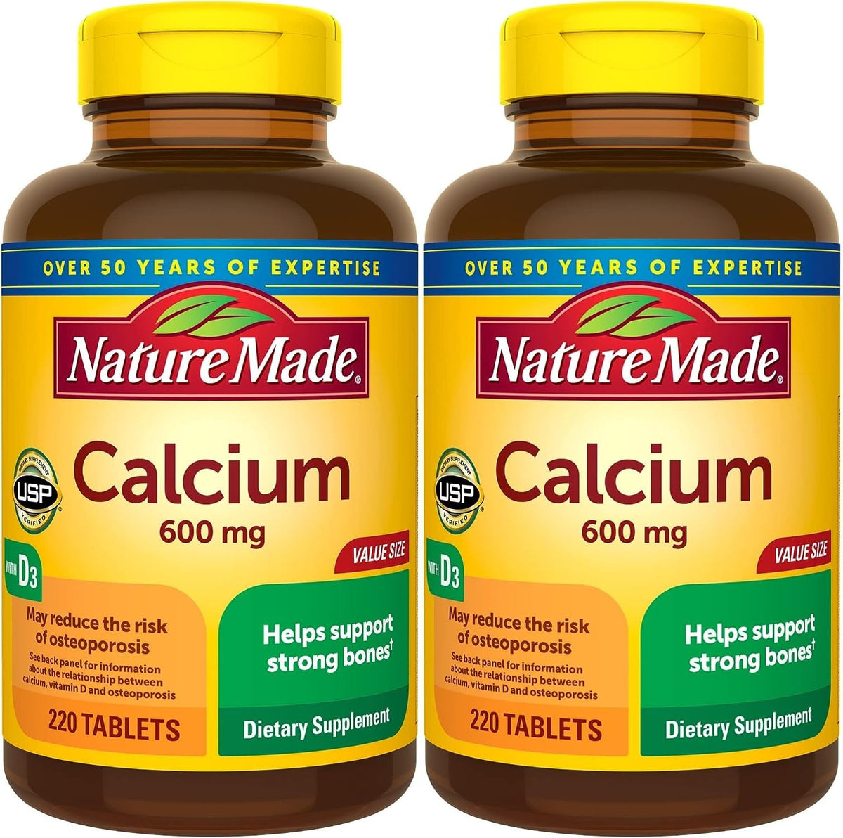 Nature Made Calcium 600 mg avec D3, bouteille 220 comprimés, soutien osseux potentiel