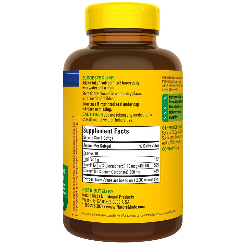 Nature Made Calcium 600 mg avec vitamine D, boîte lot de deux, emballage pratique.