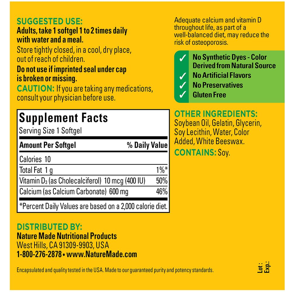 Nature Made Calcium 600 mg avec vitamine D, étiquette sans colorants artificiels.