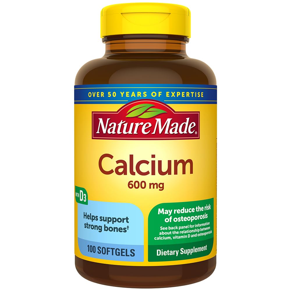 Nature Made Calcium 600 mg avec vitamine D, flacon gélules liquides pour soutenir les os.