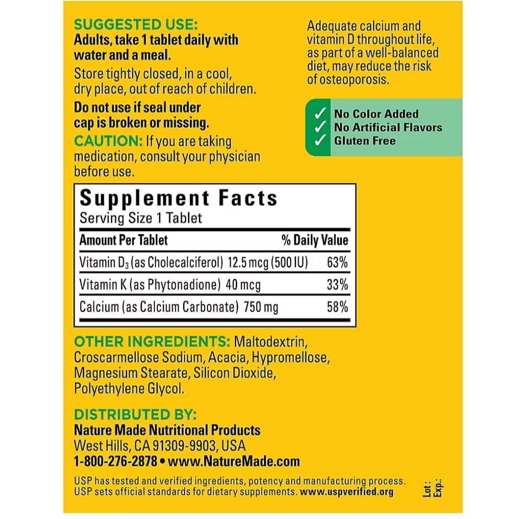Nature Made Calcium 750 mg D3 et K emballage — guide de dosage pratique
