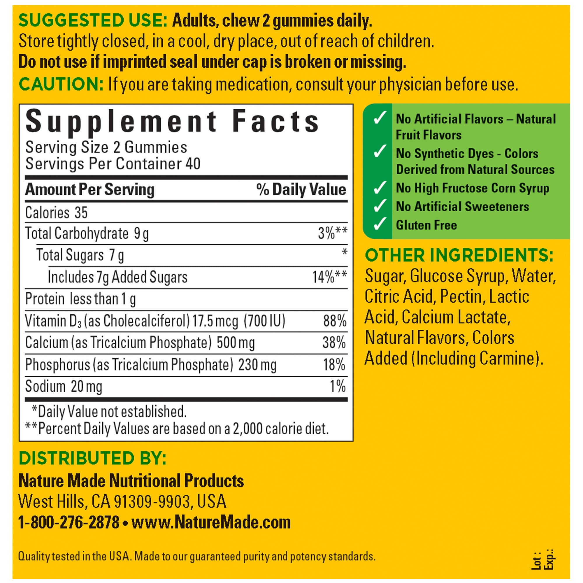 Sans gluten: Nature Made Calcium Gummies adaptées.