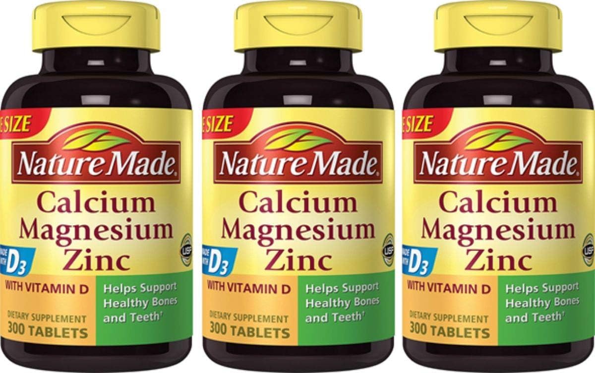 Nature Made calcium-magnésium-zinc avec vitamine D – bouteille de 300 comprimés, dosage quotidien possible.