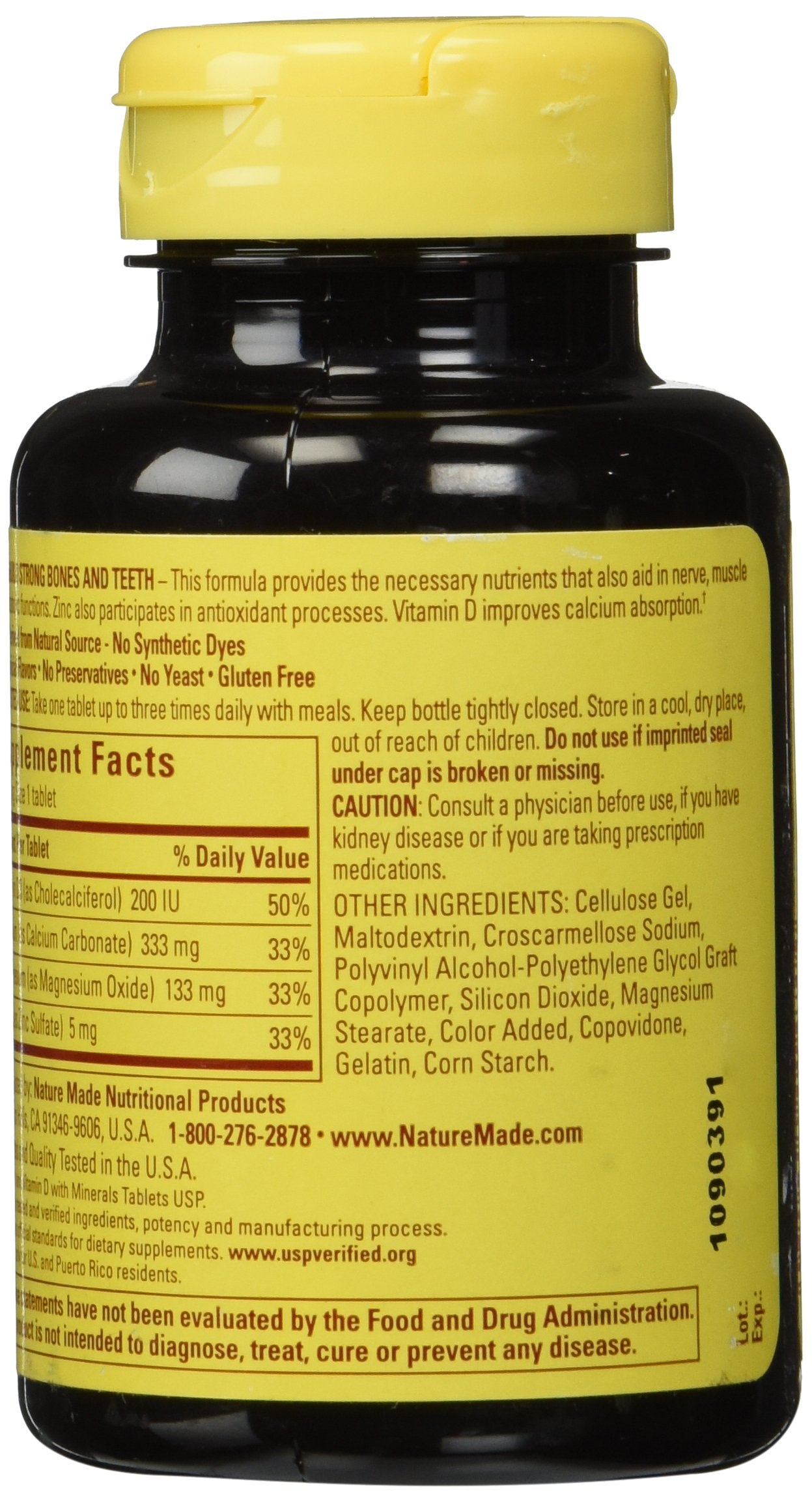 Nature Made Calcium Magnesium Zinc Etiquette: informations claires sur les nutriments et leurs usages potentiels.