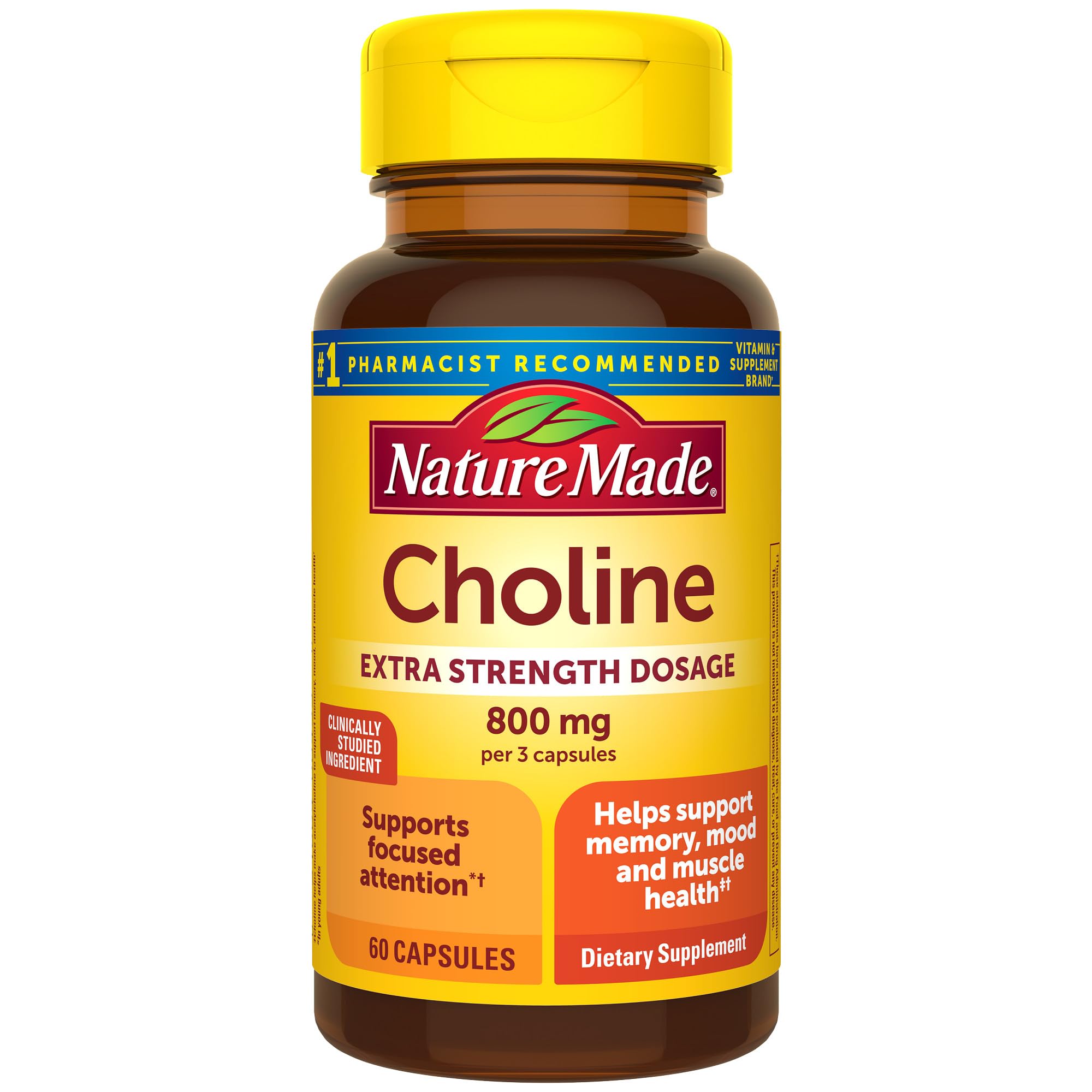 Nature Made Choline Bitartrate – bouteille de 60 capsules pour le soutien potentiel des fonctions cérébrales.