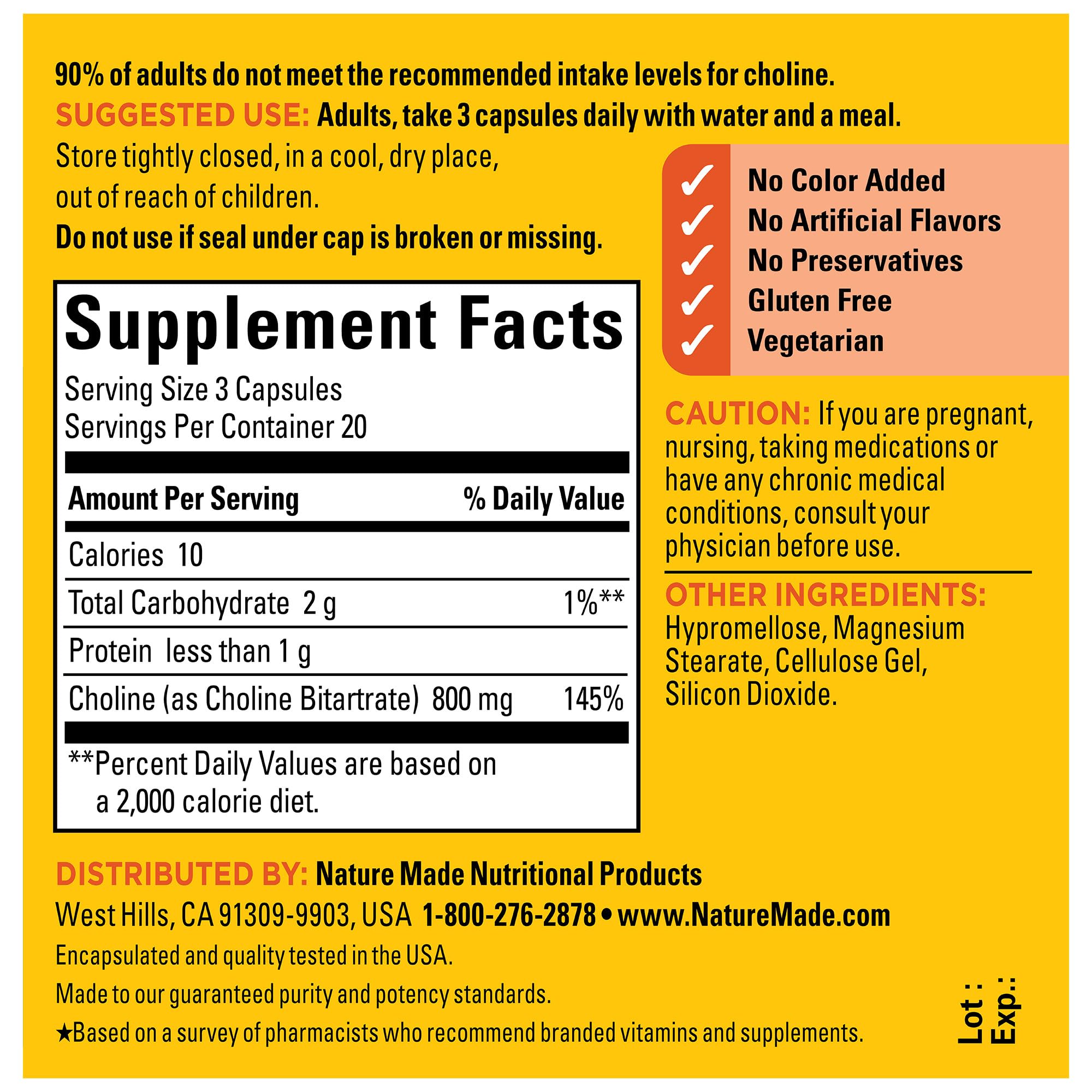Nature Made Choline Bitartrate – utilisation quotidienne avec repas et eau.