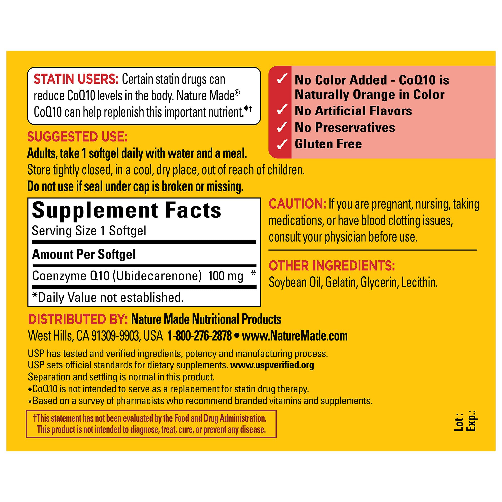 Nature Made CoQ10 100 mg — prendre avec eau et repas, pratique quotidienne