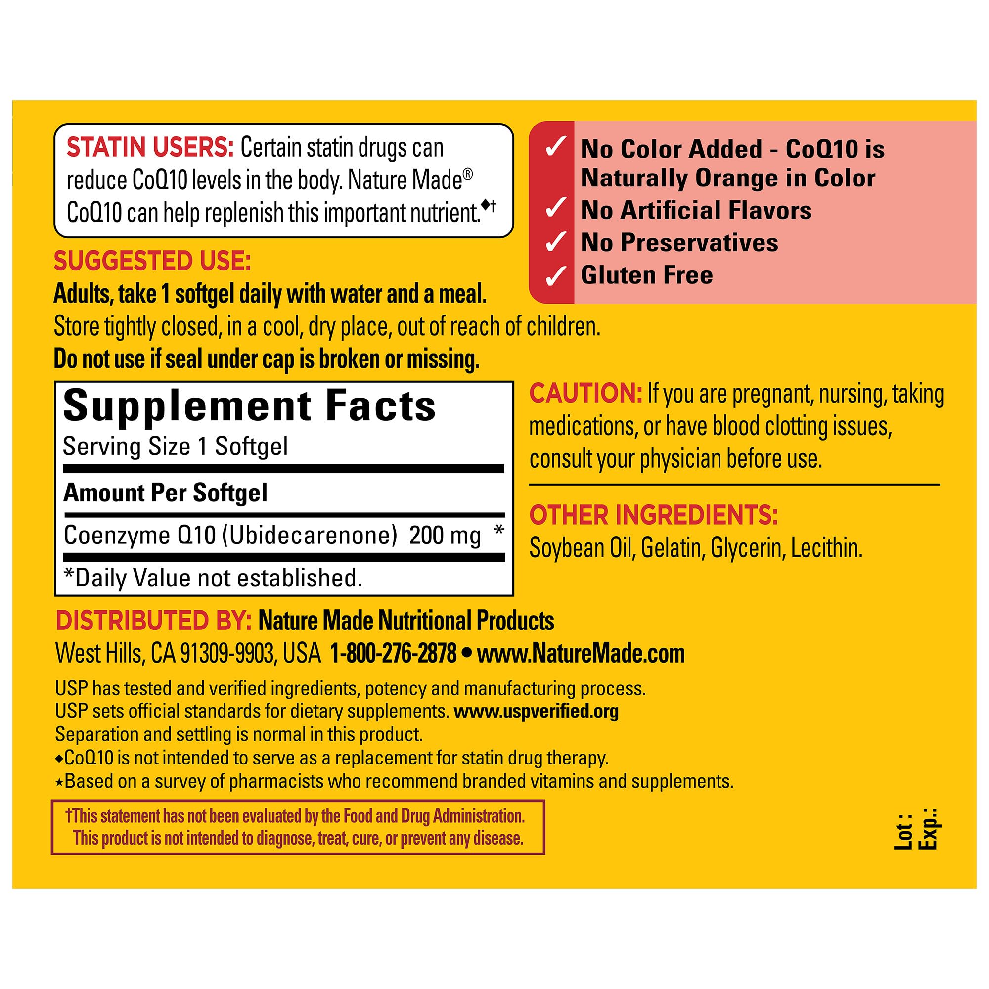 Nature Made CoQ10 200 mg, étiquette USP et emballage informatif.