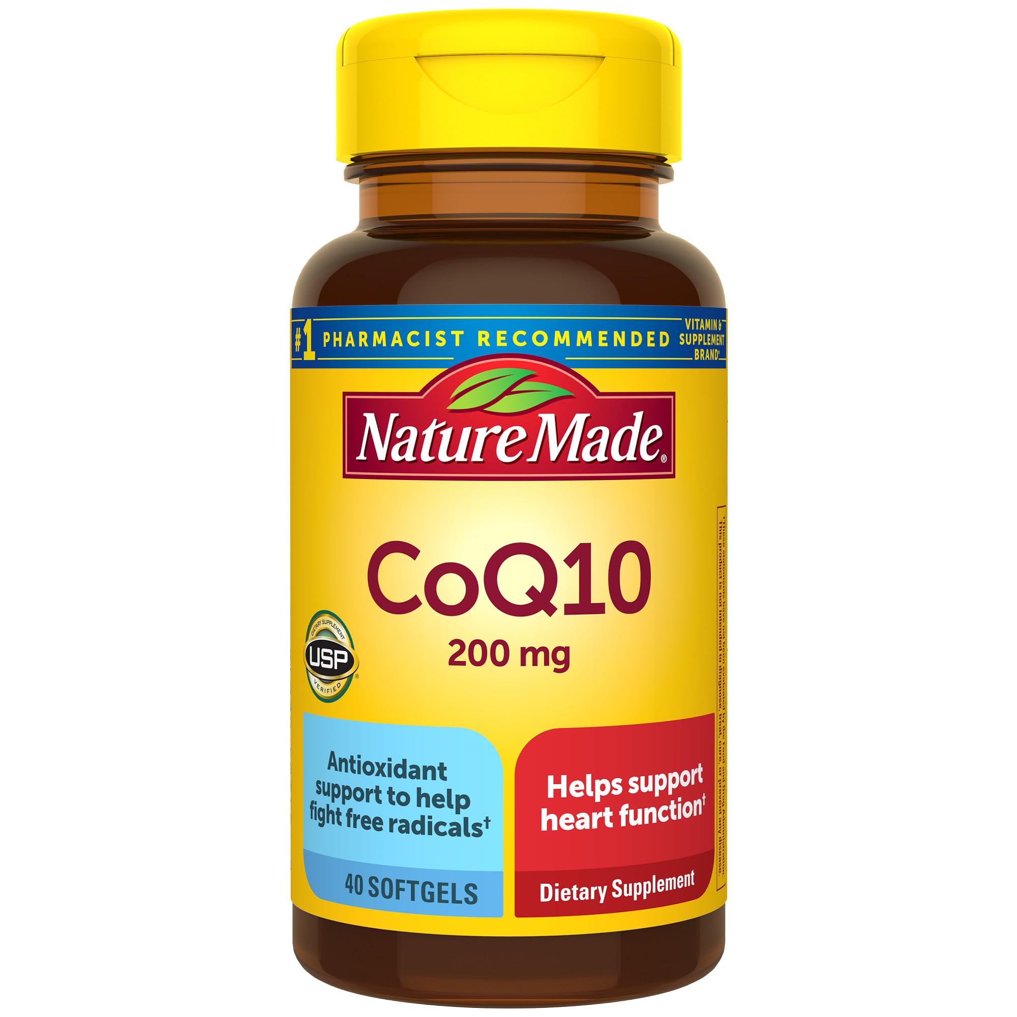 Nature Made CoQ10 200 mg, bouteille, soutien potentiel à l'énergie cellulaire et à la santé cardiaque.