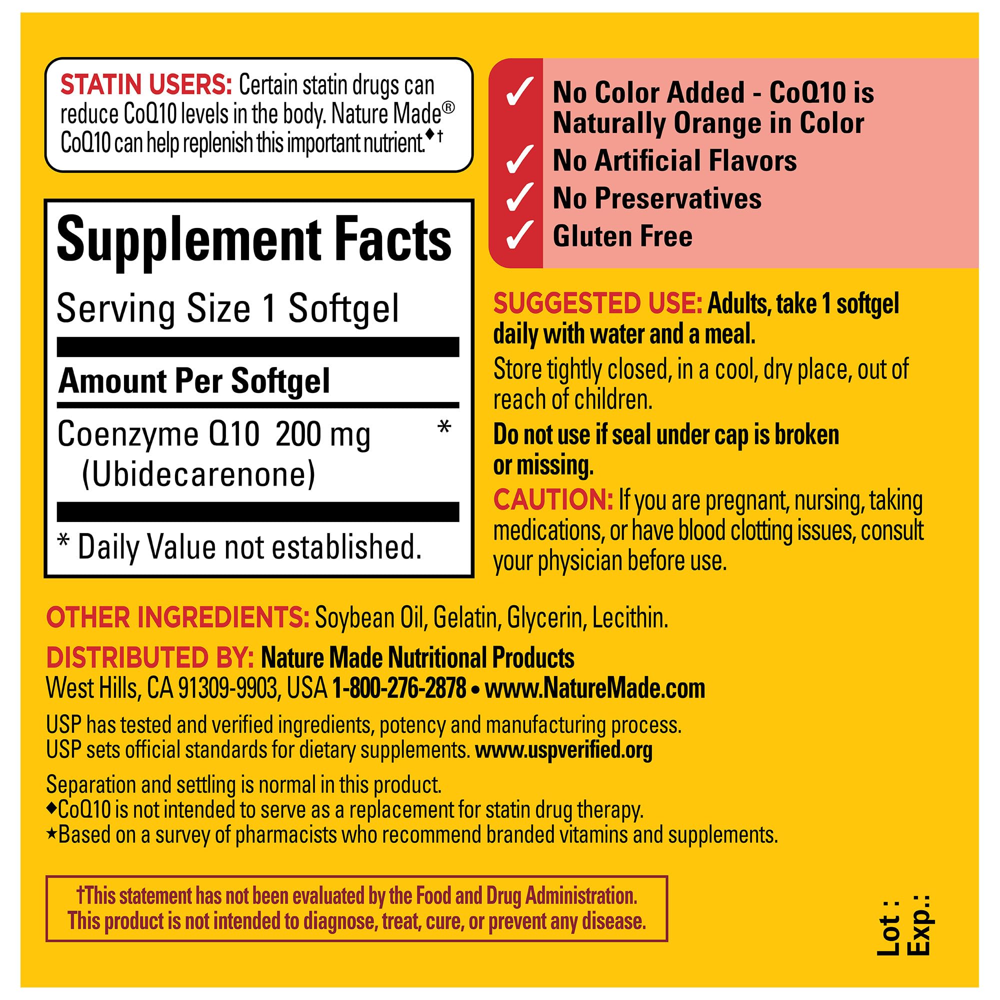 Nature Made CoQ10 200 mg, forme softgel, facile à avaler avec un repas.