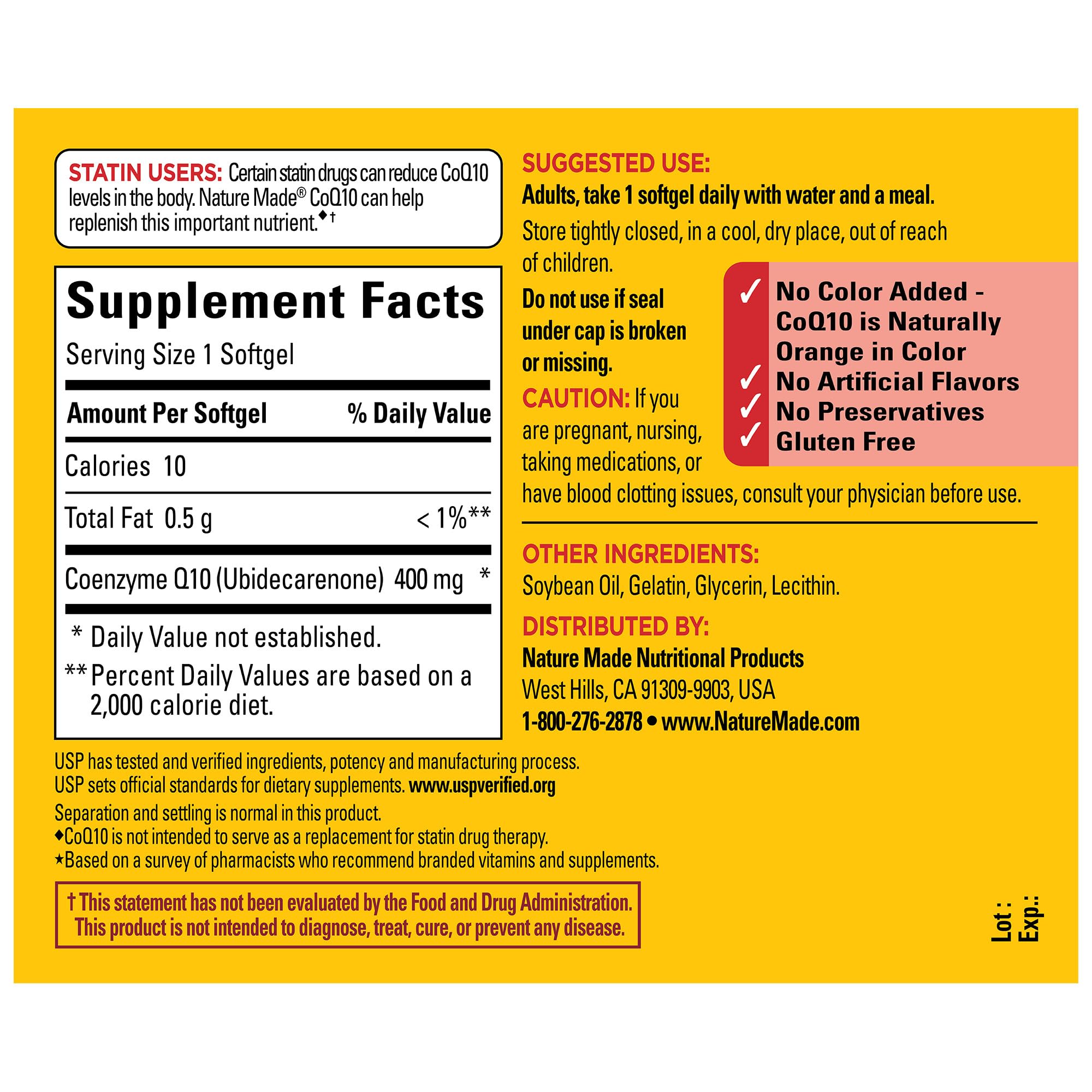 Nature Made CoQ10 400 mg — prise quotidienne avec eau et repas