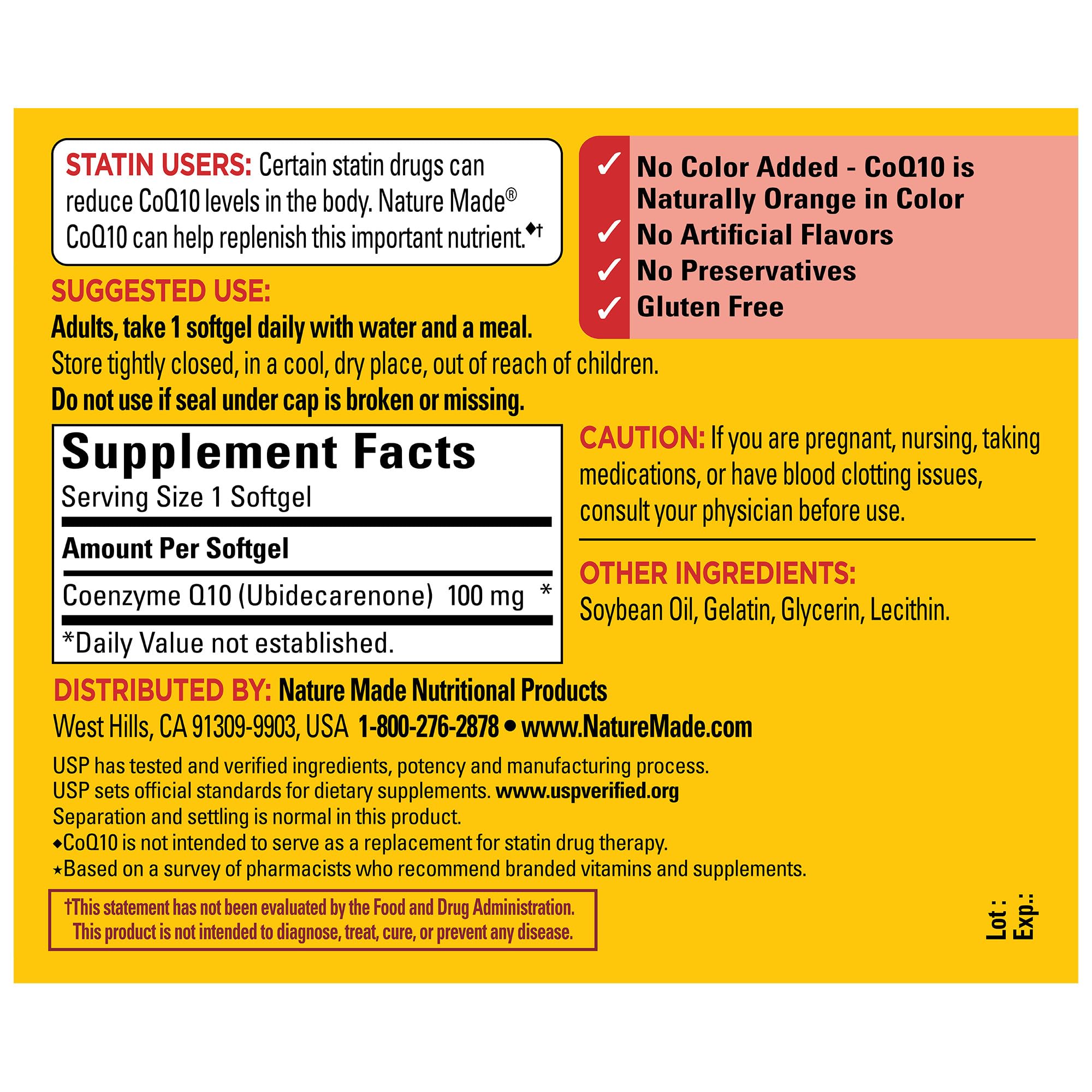 Étiquette USP sur Nature Made CoQ10, gage de qualité.