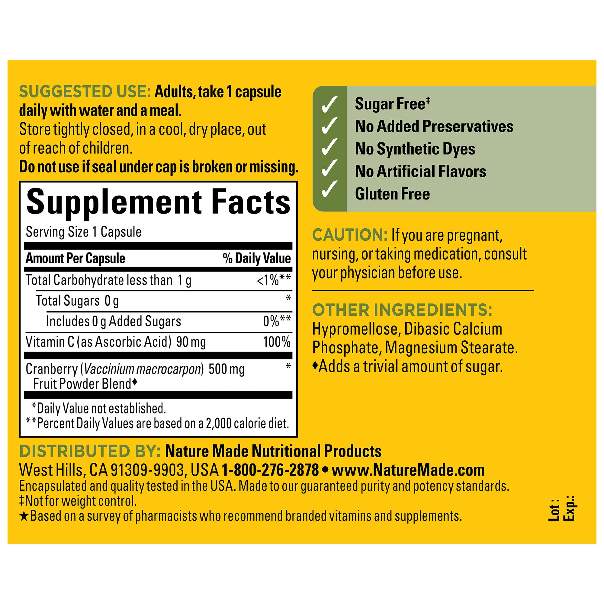 Étiquette Nature Made Cranberry 500 mg — informations claires sur le dosage quotidien.