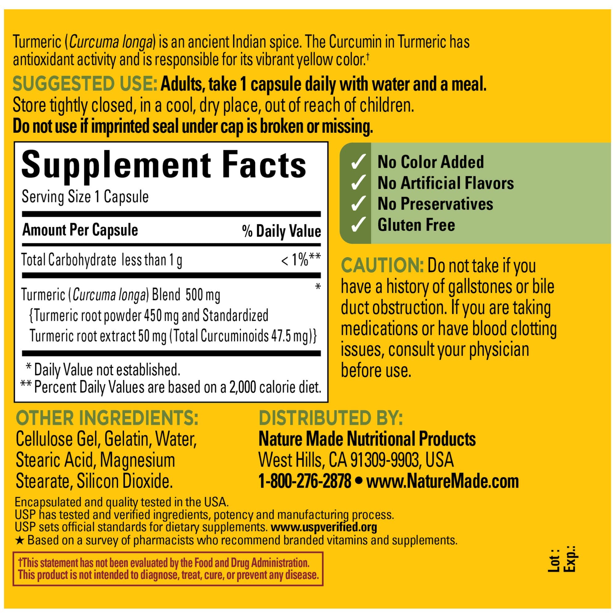 Nature Made Curcumine de curcuma 500 mg — sans colorants artificiels.