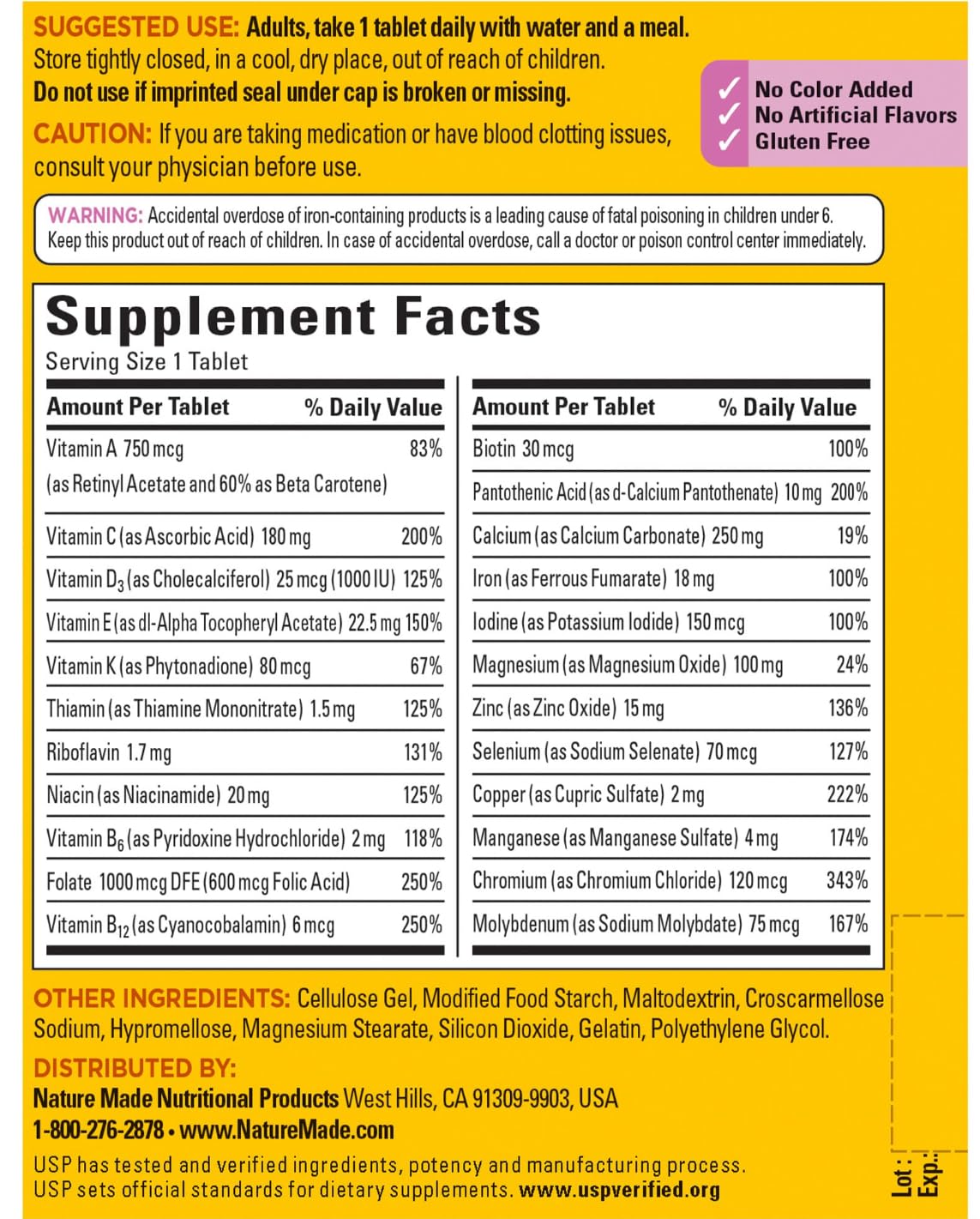 Étiquette Nature Made Femmes Multivitamines montrant 23 nutriments essentiels.