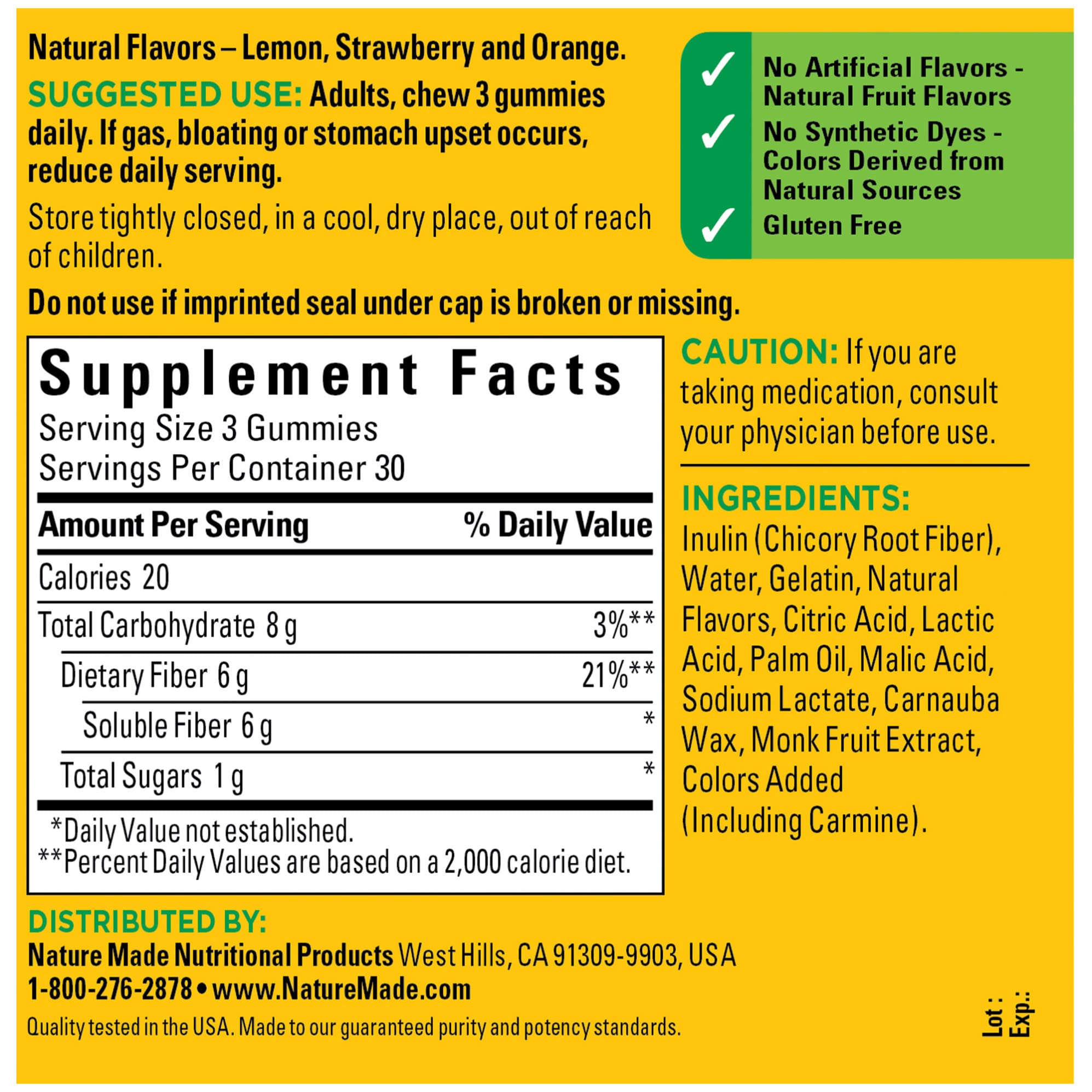 Nature Made Fiber 6 g Gummies sans colorants artificiels et sans gluten.