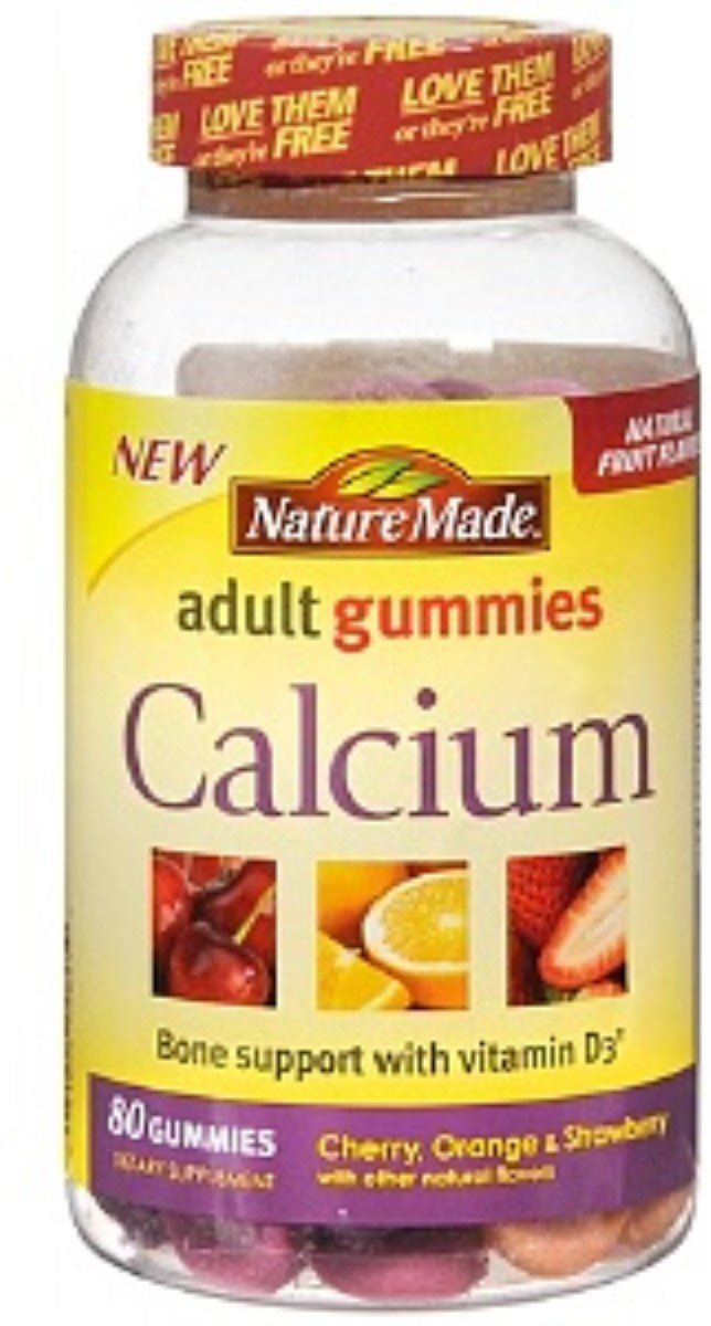 Nature Made Gommes Calcium Adultes avec saveurs cerise, orange et fraise, gommes colorées.