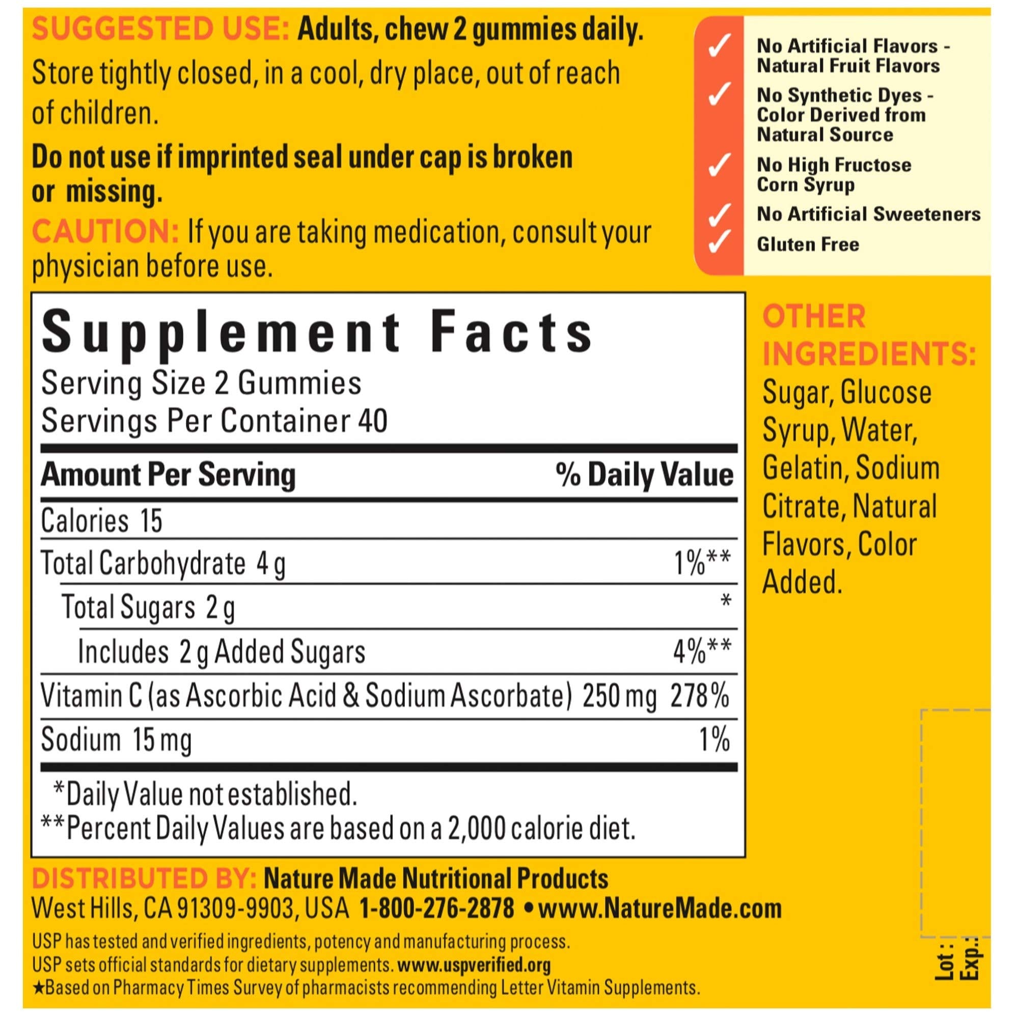 Nature Made gommes vitamine-C 250 mg, image antioxydants et bien-être quotidien.