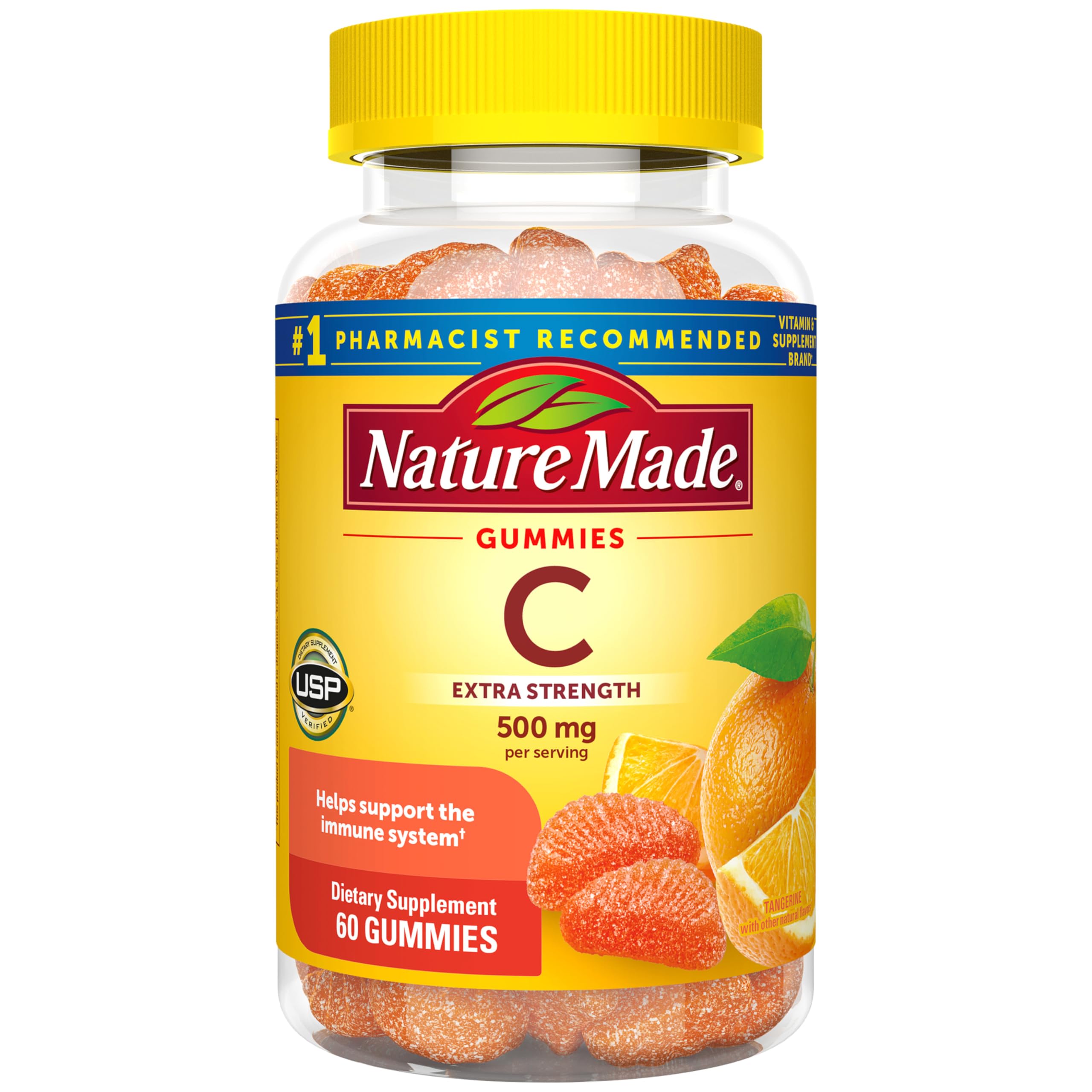 Nature Made Gommes Vitamin C 500 mg en bouteille, apport quotidien.