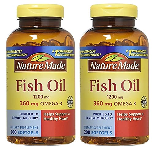 Nature Made Huile de poisson 1200 mg avec oméga-3, bouteille, soutien potentiel du coeur.