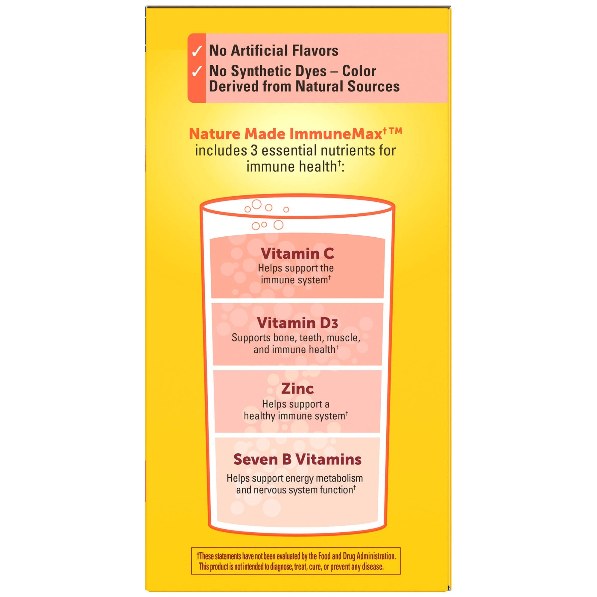 Nature Made ImmuneMAX sans arômes artificiels : saveur orange naturelle.