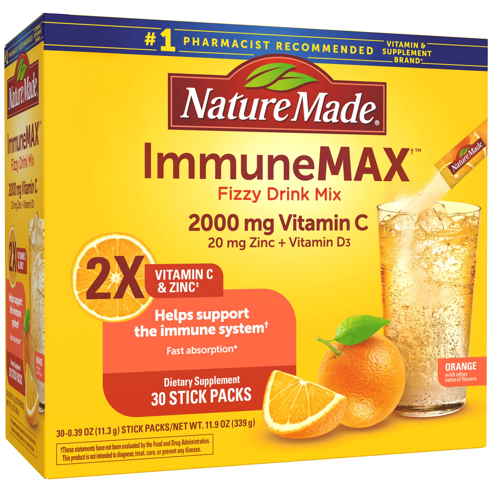 Nature Made ImmuneMAX stick orange : apport rapide de vitamine C et zinc pour le quotidien.