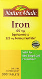 Nature Made Iron 65 mg, comprimé dans une bouteille, soutien potentiel des besoins en fer.