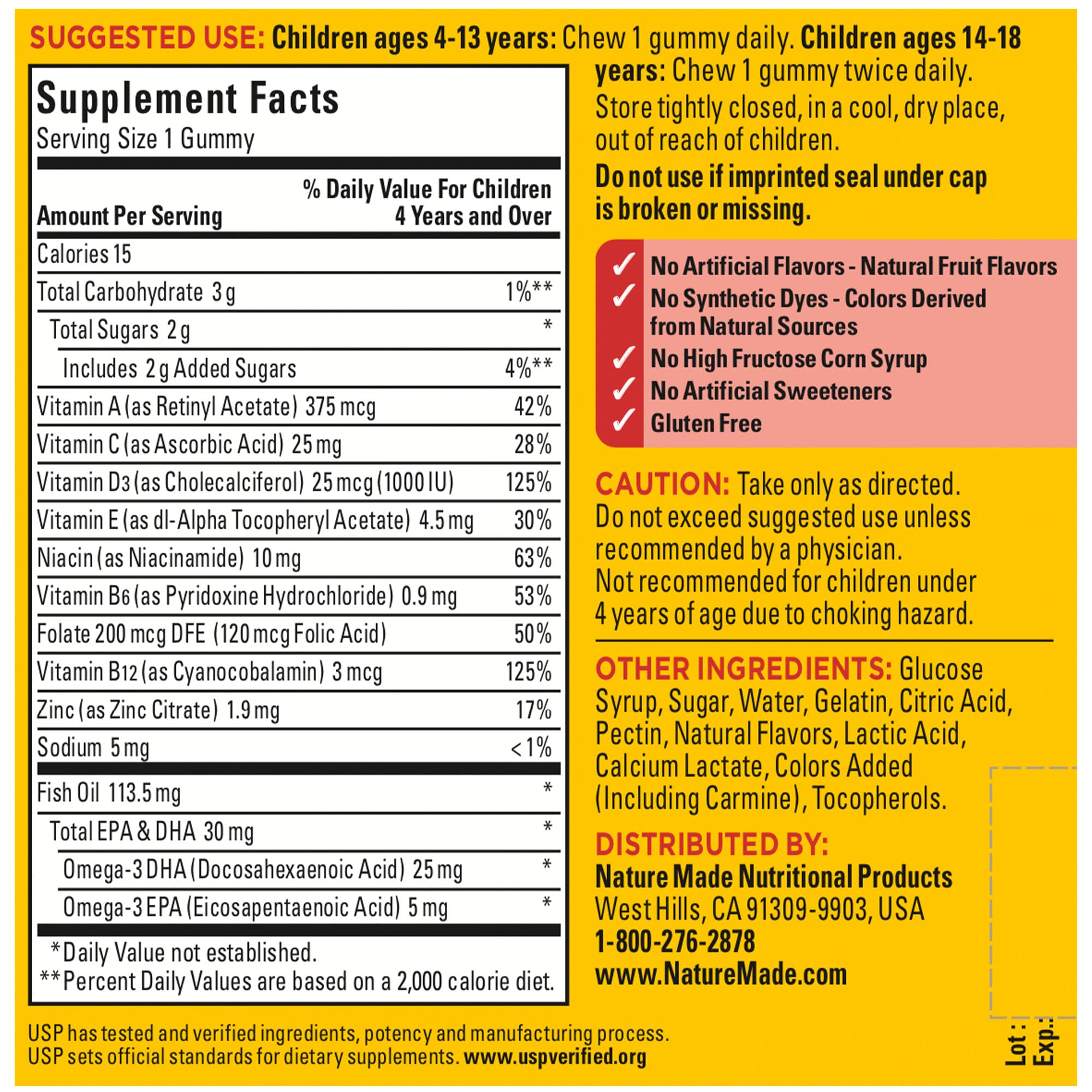 Étiquette USP Nature Made Kids First Omega-3, fiabilité et traçabilité rassurantes.