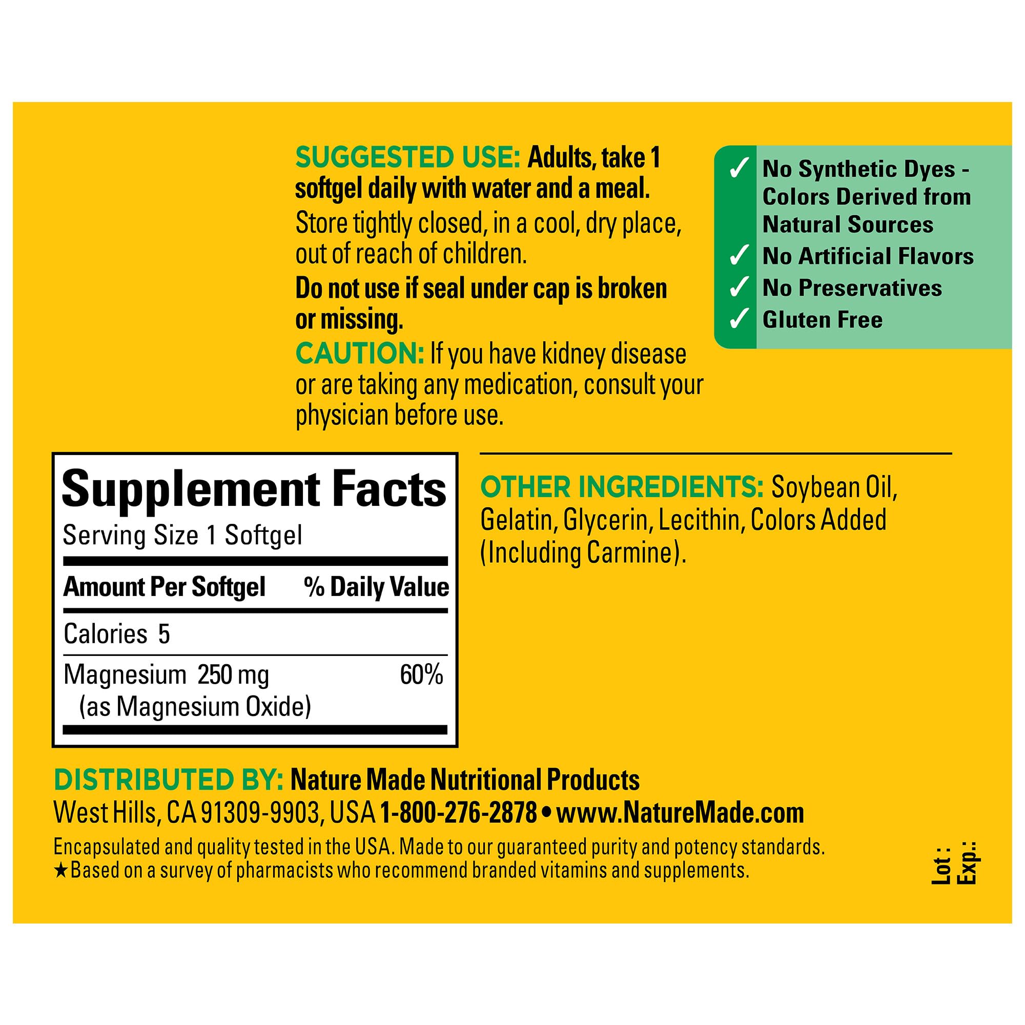 Nature Made Magnésium 250 mg — produit sans gluten.