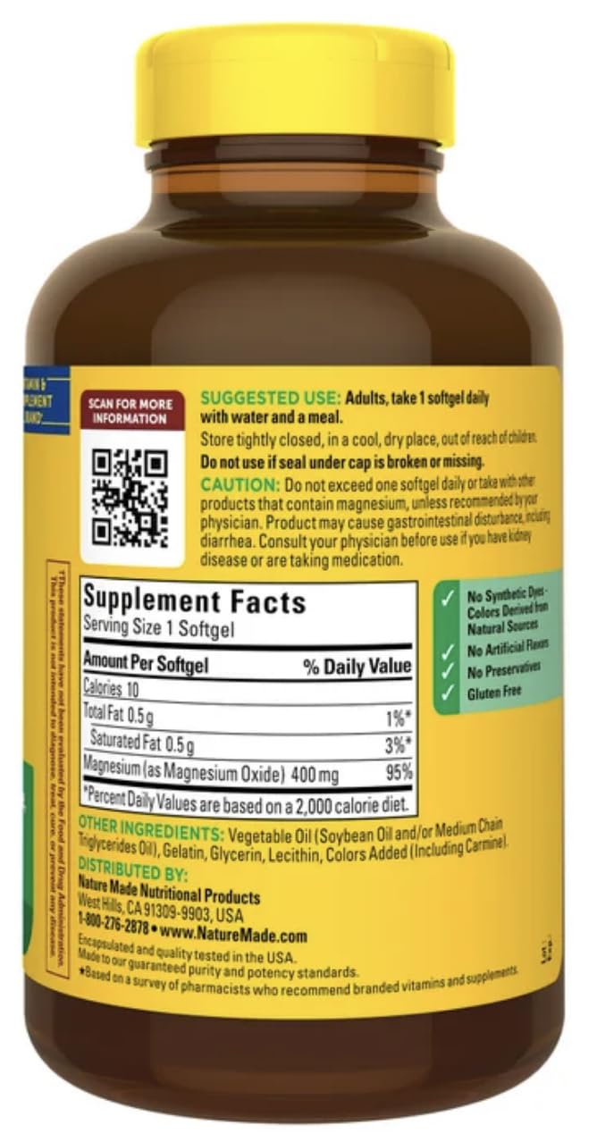Nature Made Magnésium 400 mg, prise quotidienne avec repas, énergie potentielle et bien-être