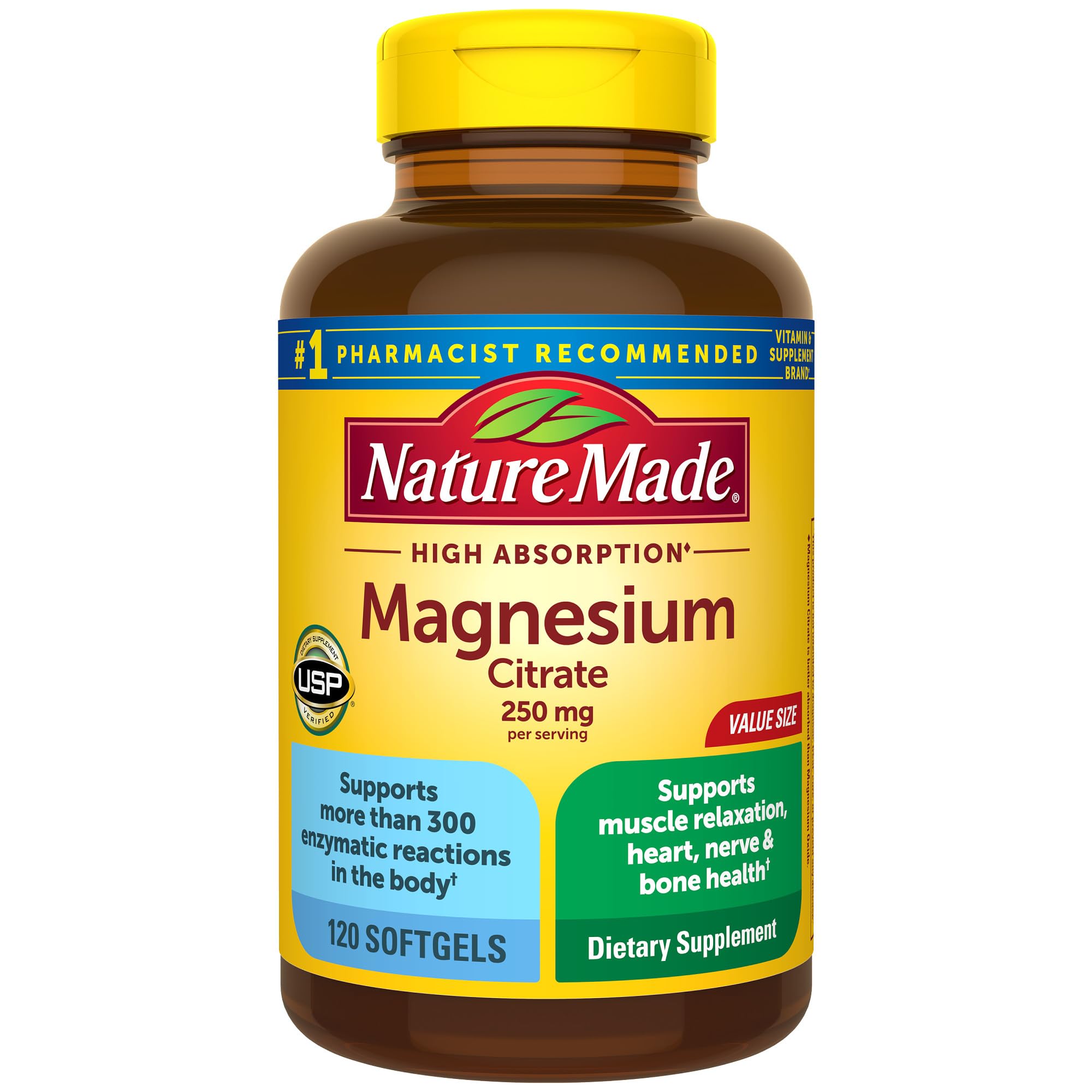 Nature Made Magnésium Citrate, flacon de gélules, soutien muscles et détente.