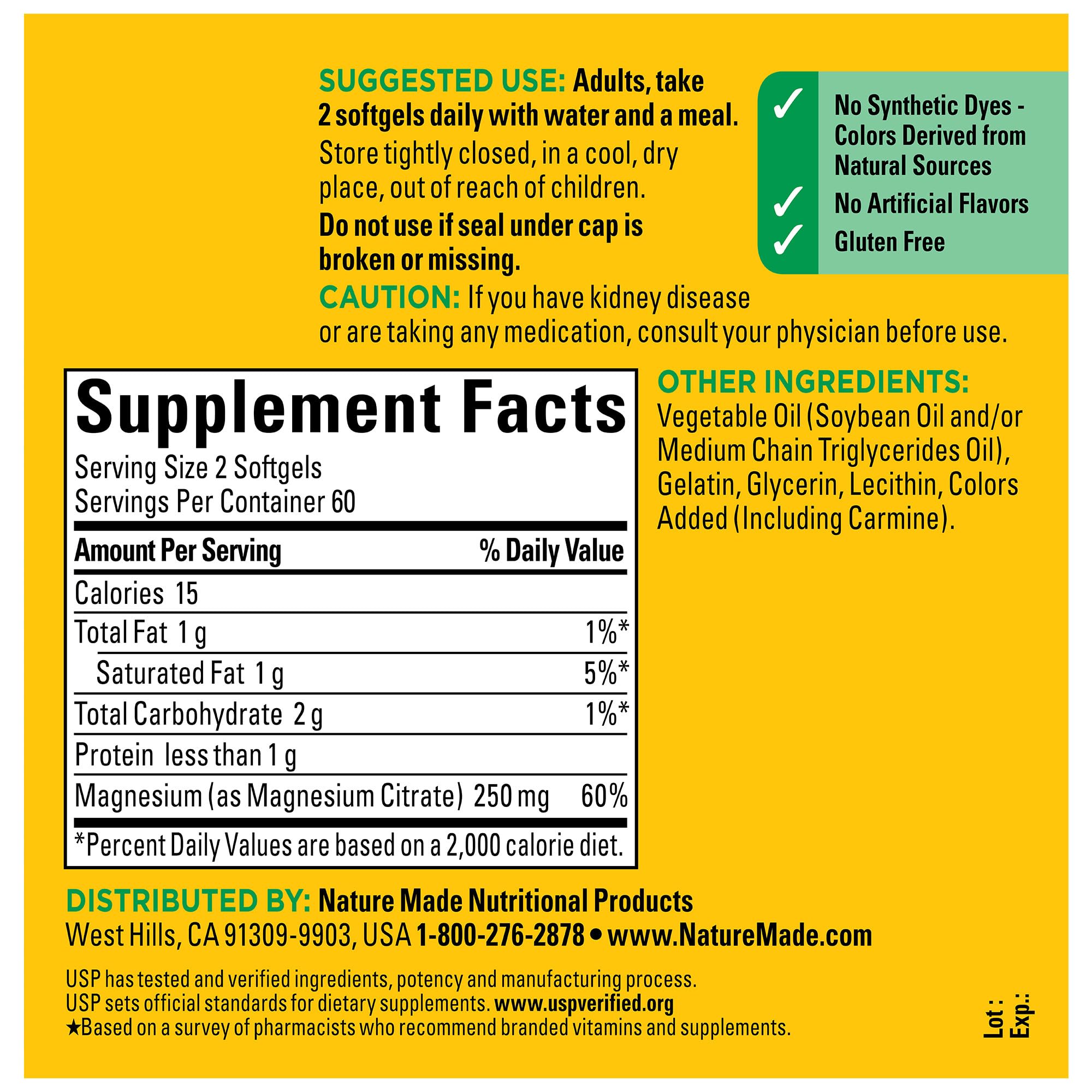Nature Made Magnésium Citrate, sans gluten et sans additifs indésirables.
