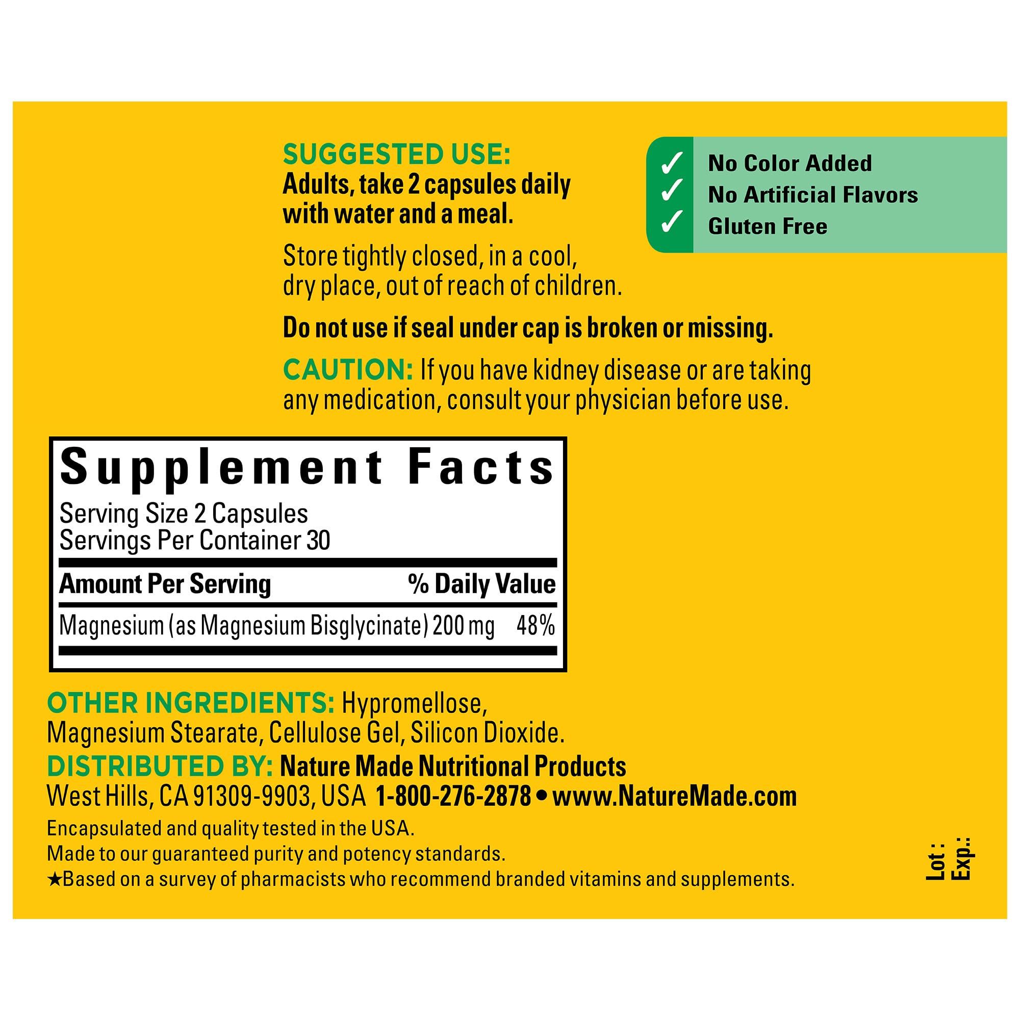 Nature Made Magnésium Glycinate 200 mg - boîte sans gluten pour régimes variés.